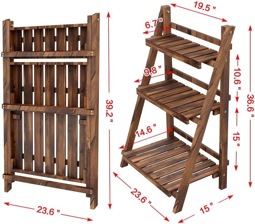 3-Tier Foldable Wood Ladder Plant Shelf