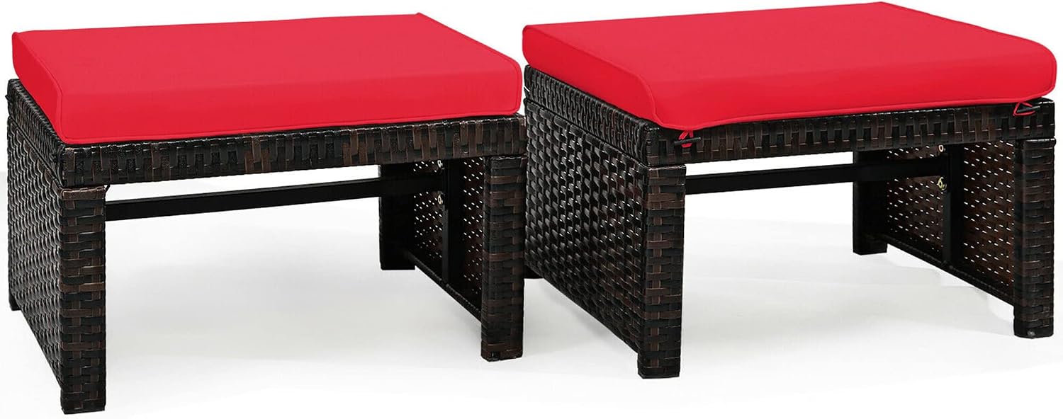 2 Pack Red PE Wicker Patio Ottoman