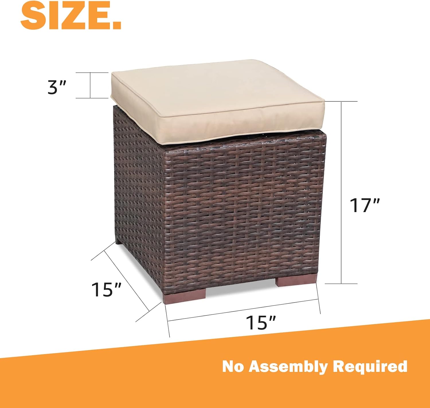 2 Pack Dark Brown Wicker Ottoman with Beige Cushions