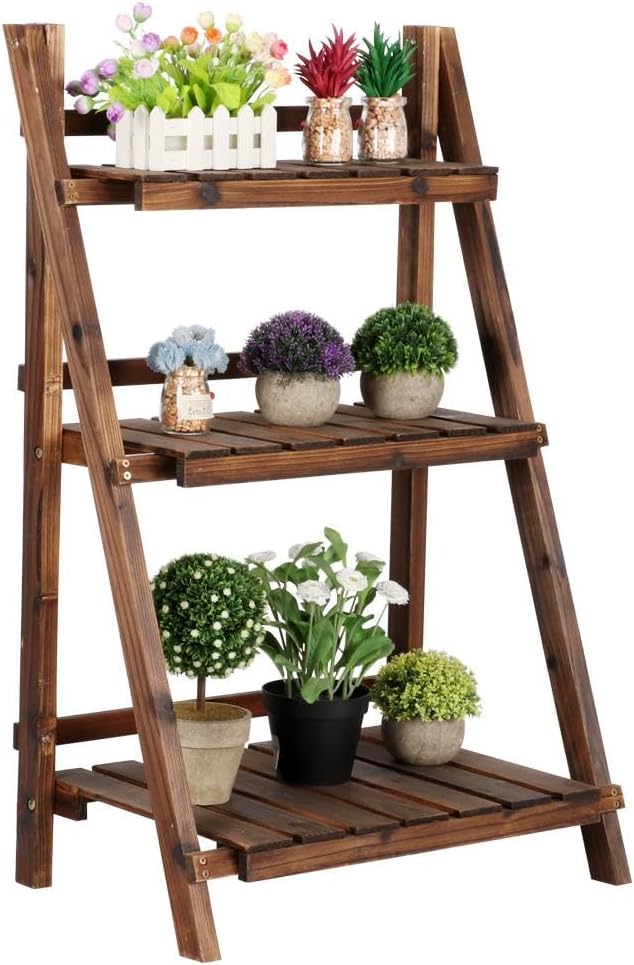 3-Tier Foldable Wood Ladder Plant Shelf