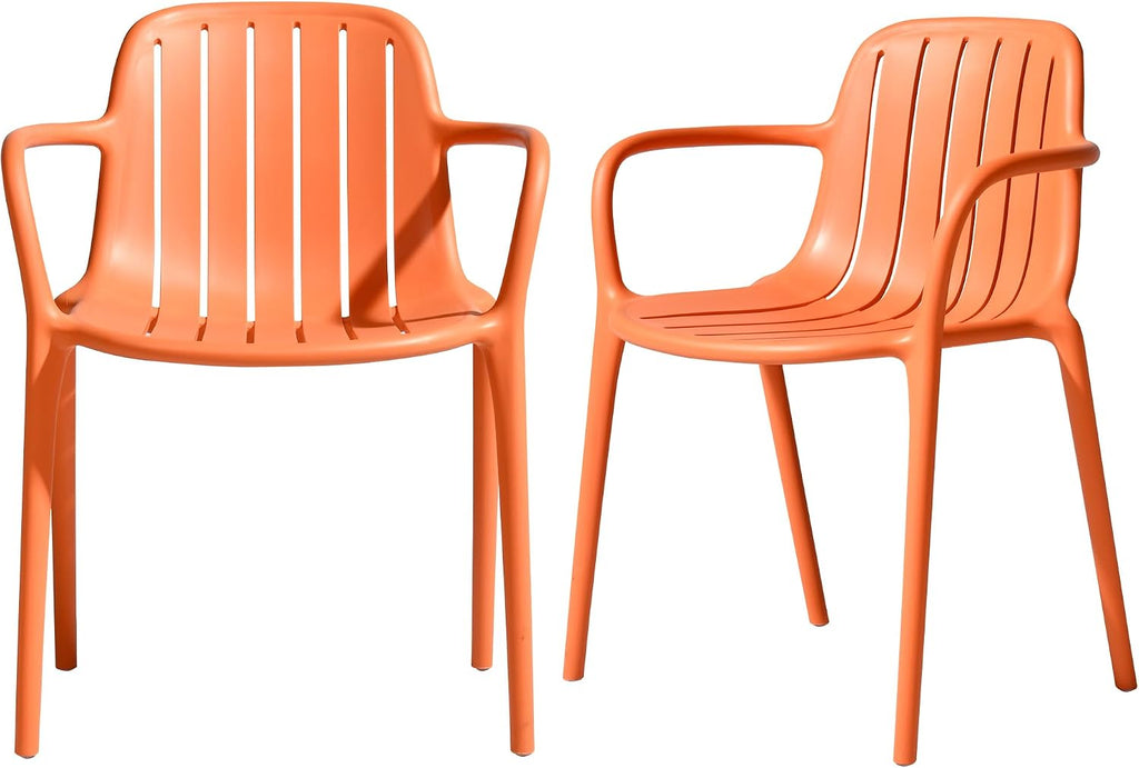 2 Orange Stackable Plastic Patio Chairs