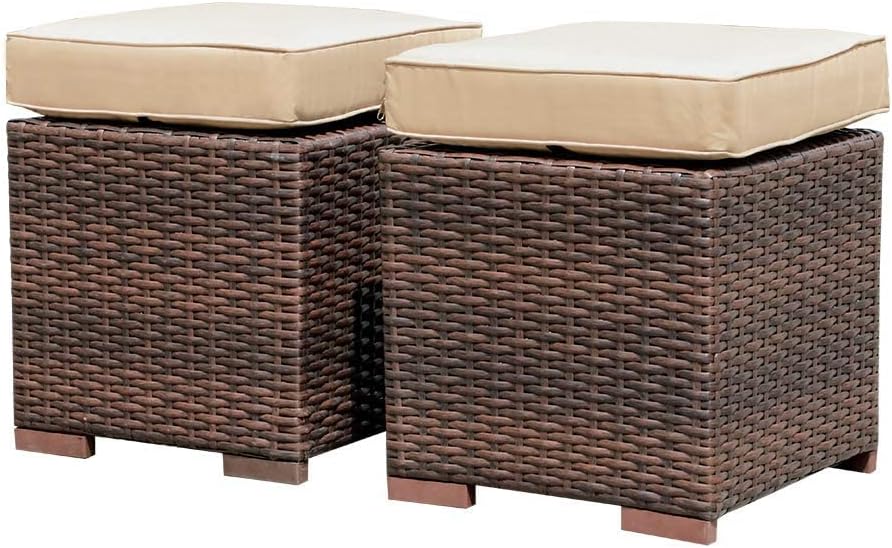 2 Pack Dark Brown Wicker Ottoman with Beige Cushions