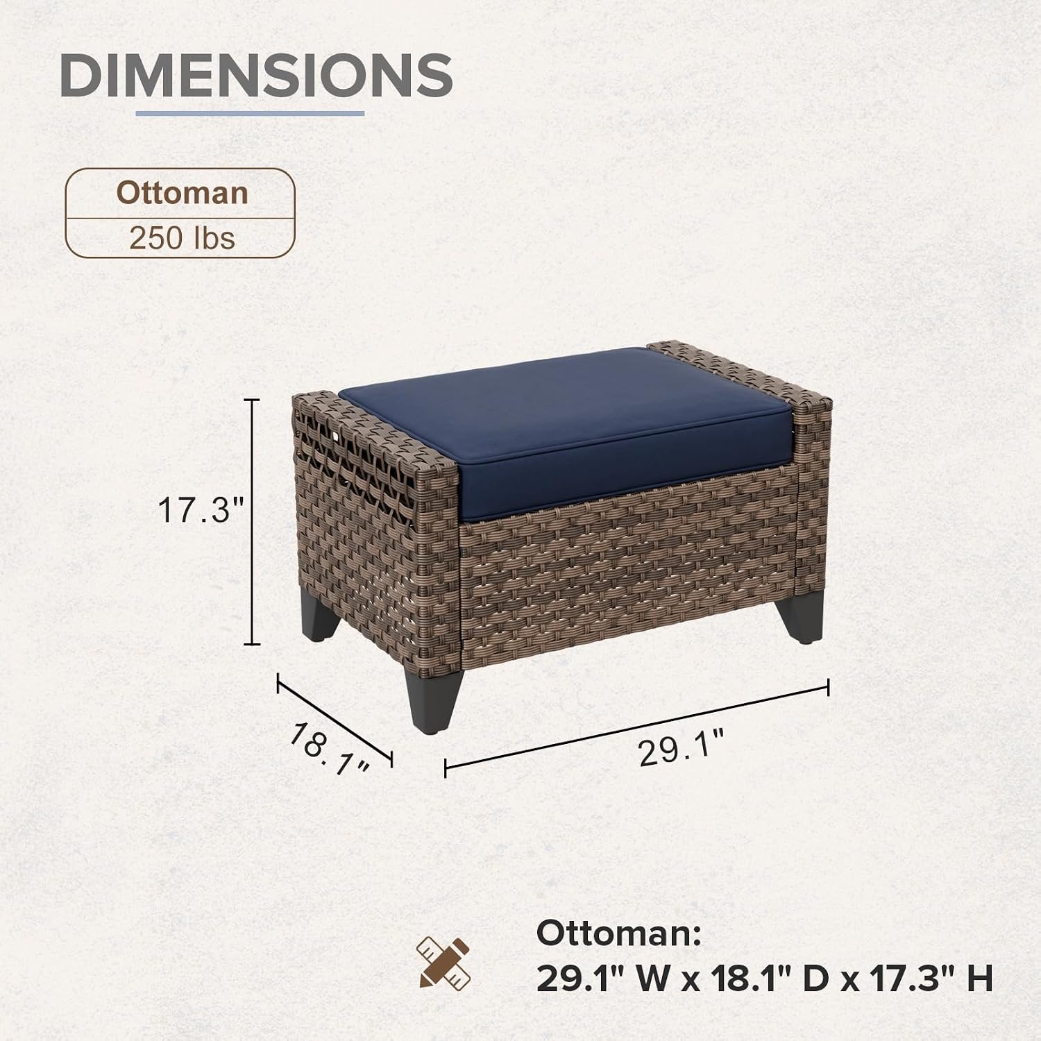 2 Pack Brown Blue Cushioned PE Wicker Patio Ottomans