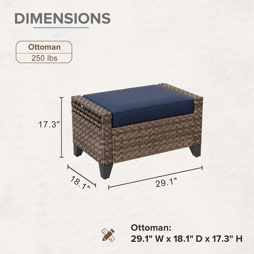 2 Pack Brown Blue Cushioned PE Wicker Patio Ottomans