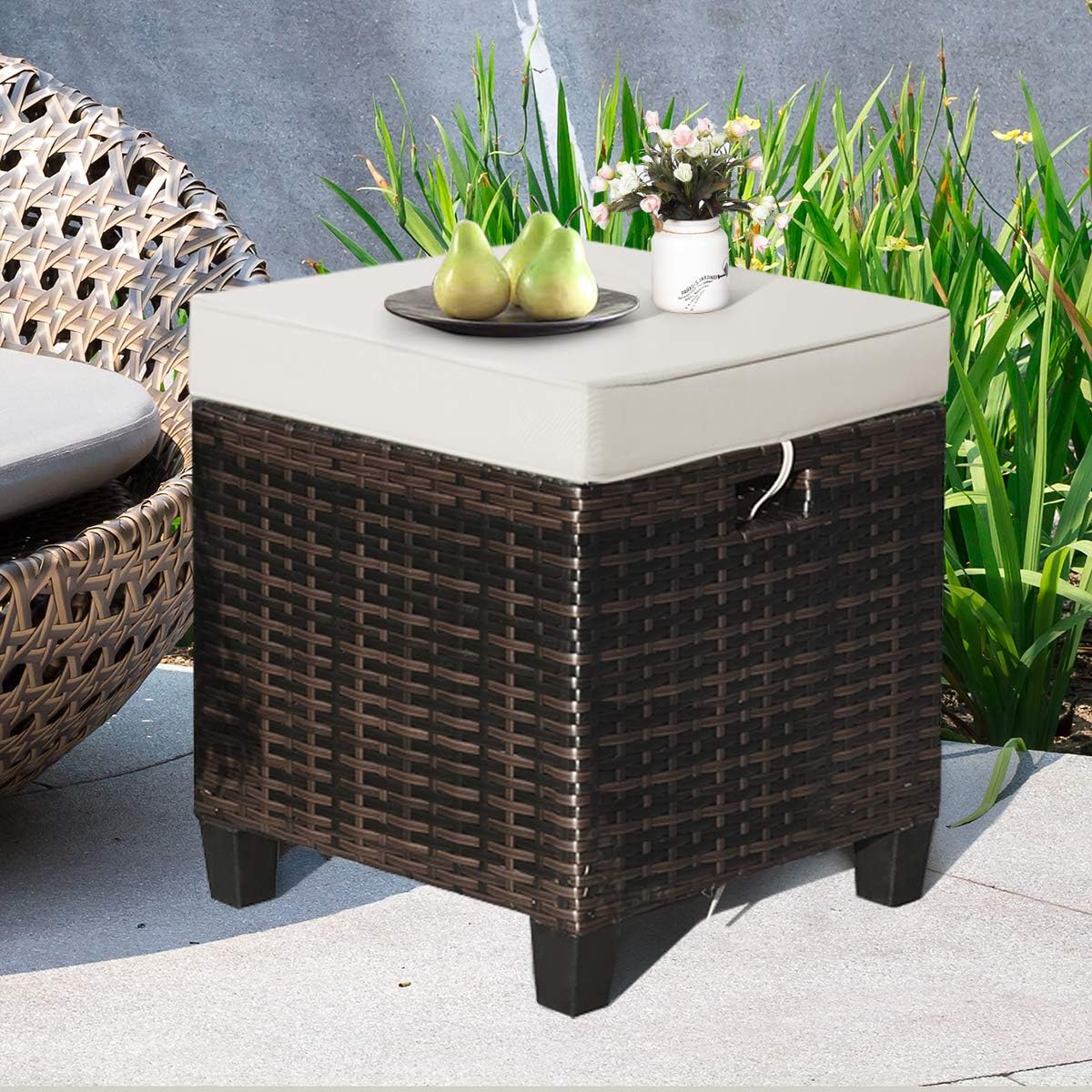 2 Pack Cushioned PE Wicker Patio Ottomans