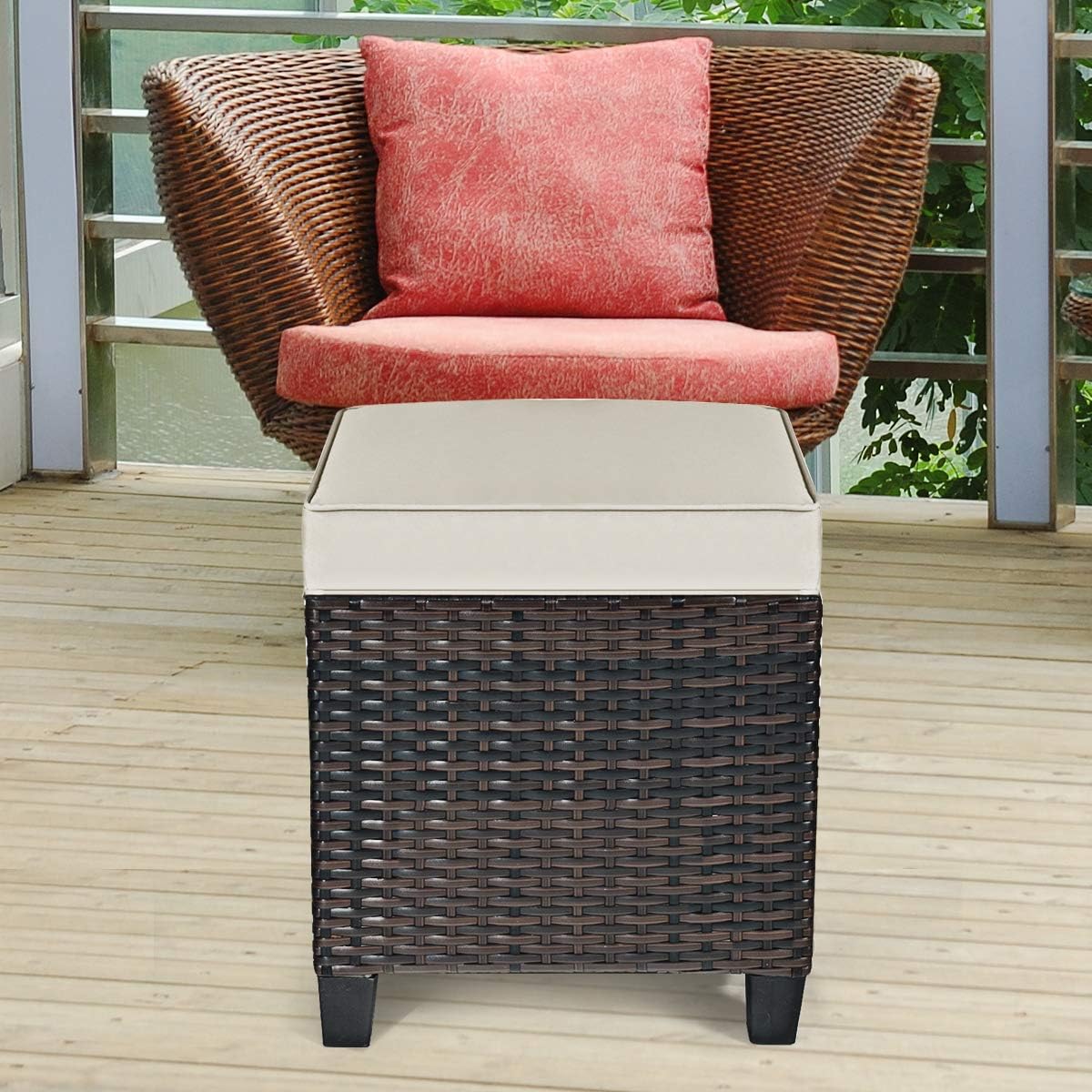 2 Pack Cushioned PE Wicker Patio Ottomans