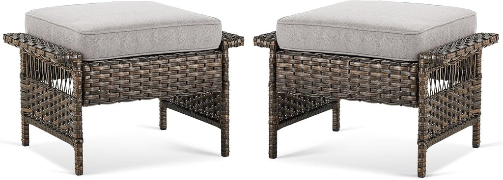 2 Pack Brown Beige PE Wicker Patio Ottoman