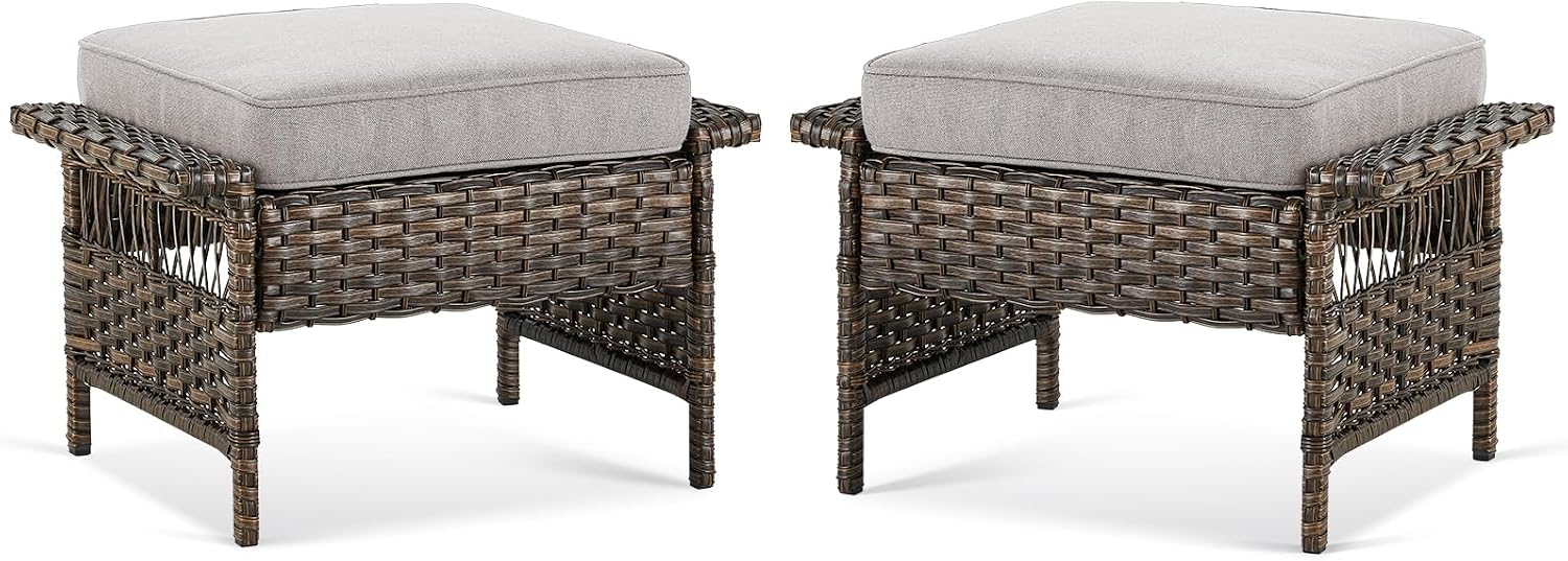 2 Pack Brown Beige PE Wicker Patio Ottoman