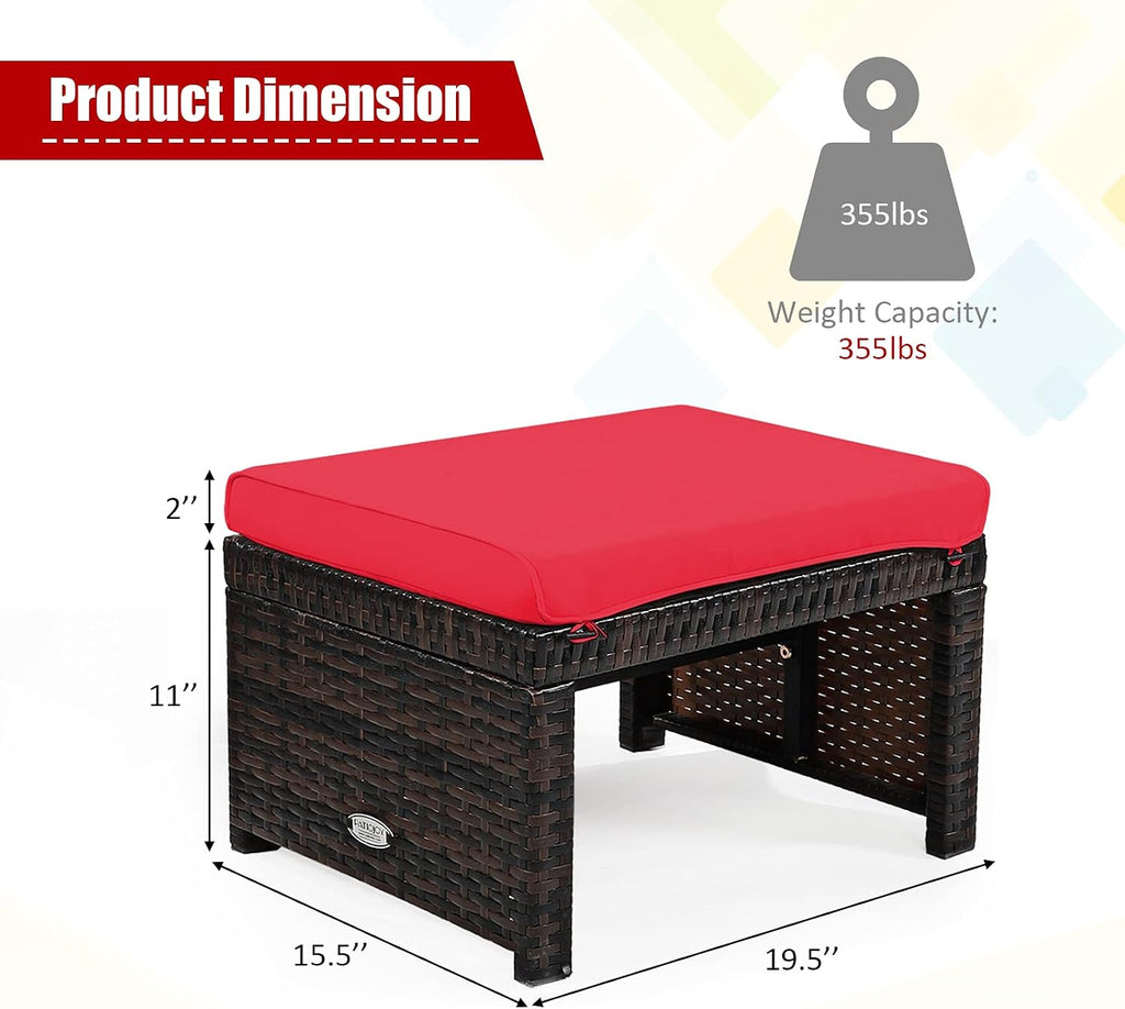 2 Pack Red PE Wicker Patio Ottoman