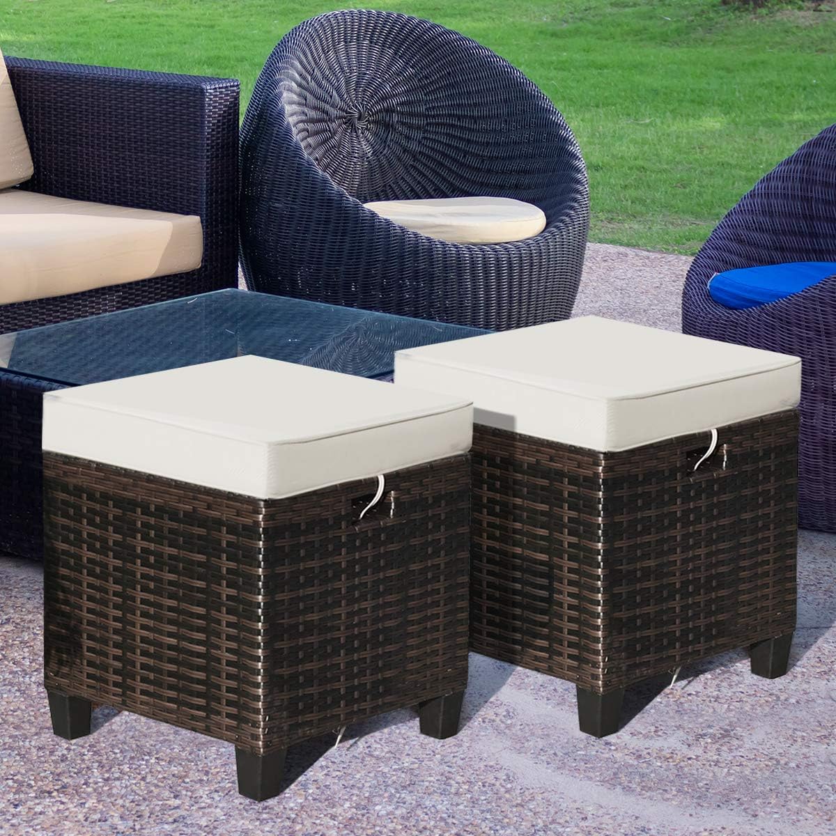 2 Pack Cushioned PE Wicker Patio Ottomans
