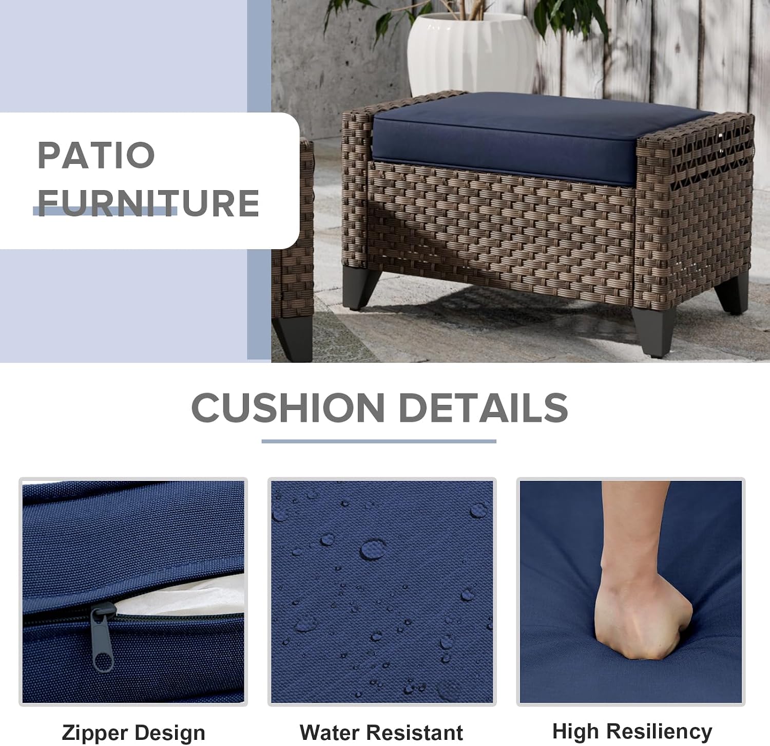 2 Pack Brown Blue Cushioned PE Wicker Patio Ottomans