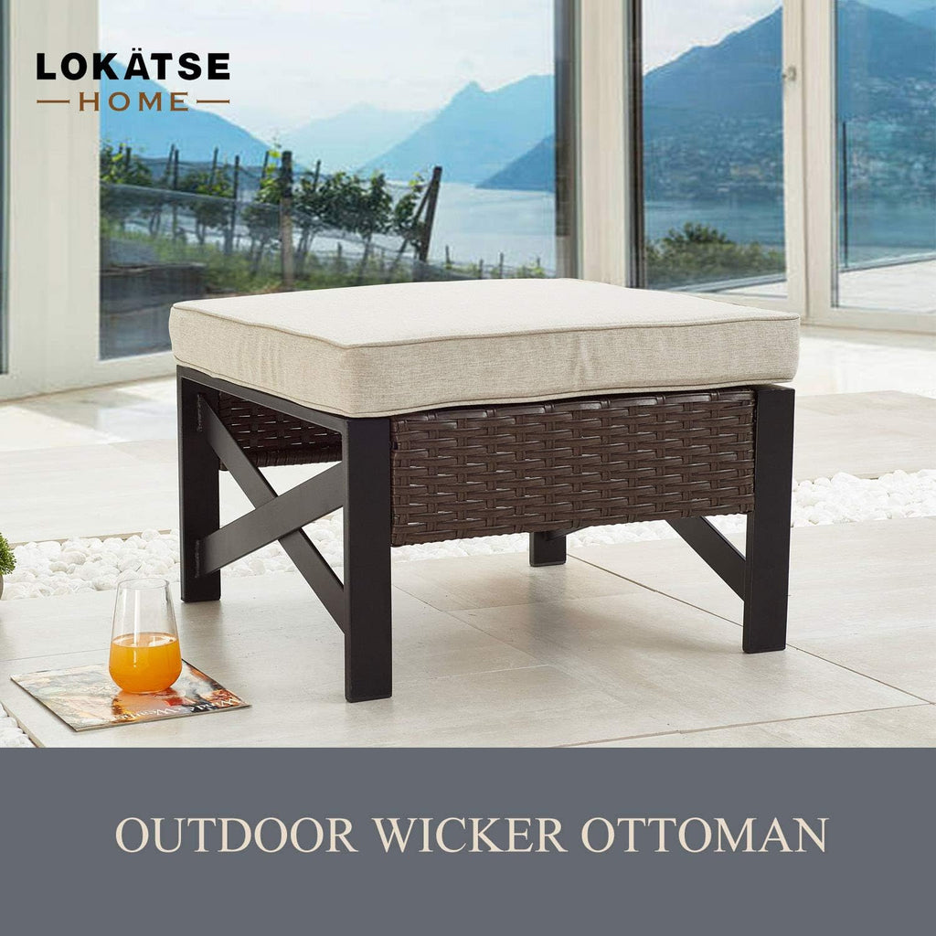 Brown Wicker X-Leg Outdoor Ottoman Footrest