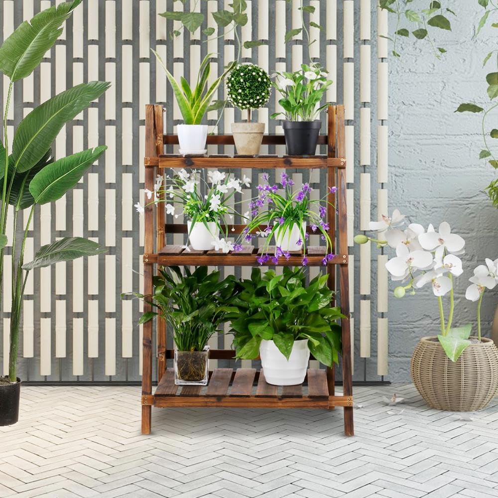 3-Tier Foldable Wood Ladder Plant Shelf