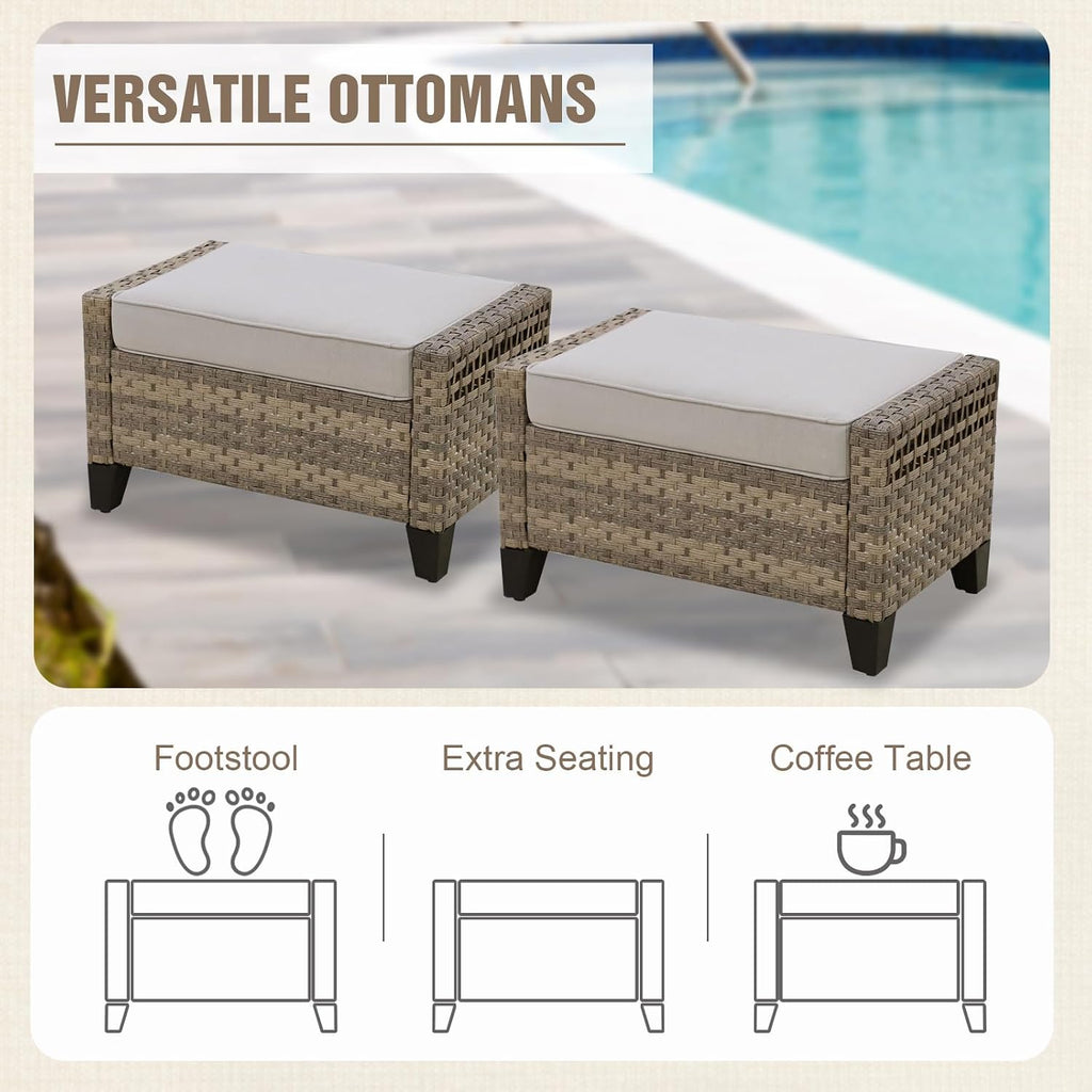 2 Pack Brown Gray PE Wicker Outdoor Ottomans