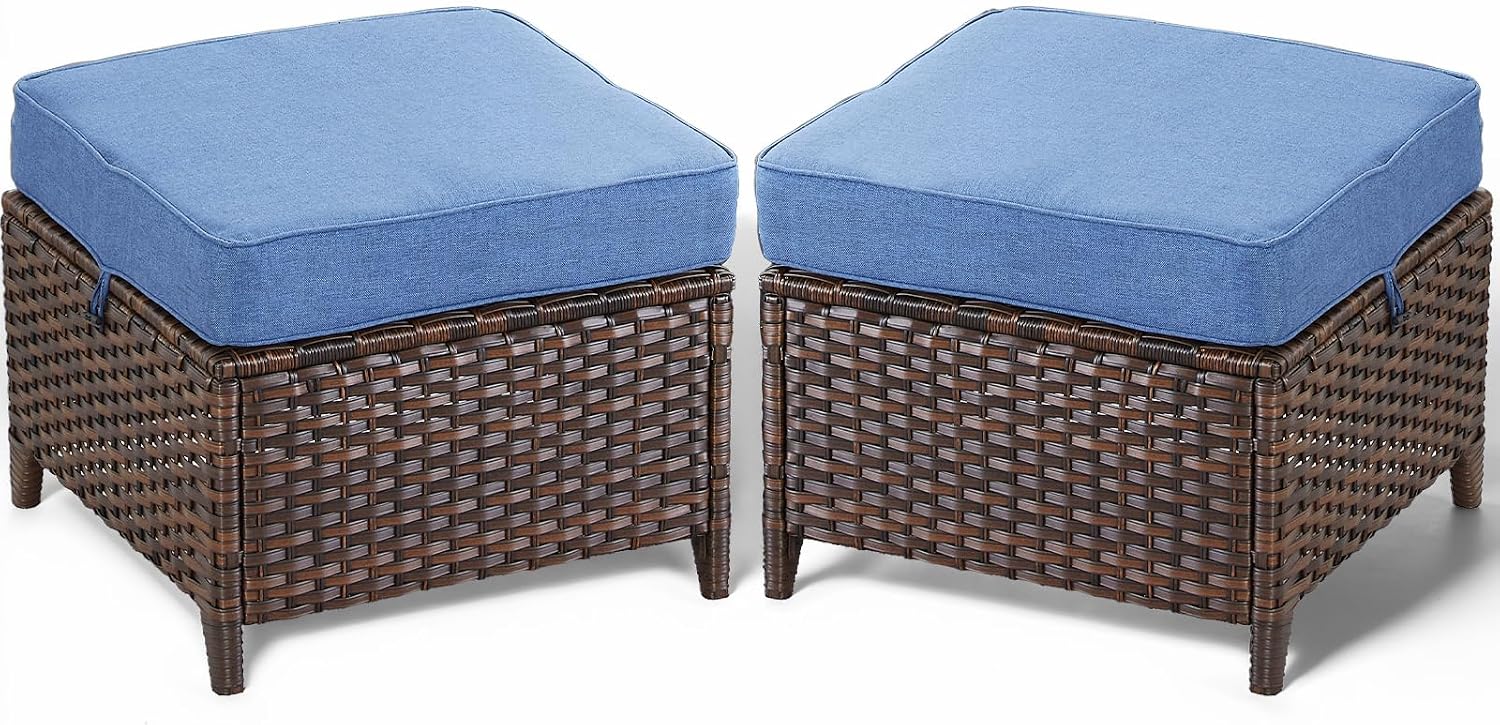 2 Pack Brown Wicker Ottoman Side Table with Navy Cushions