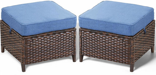 2 Pack Brown Wicker Ottoman Side Table with Navy Cushions