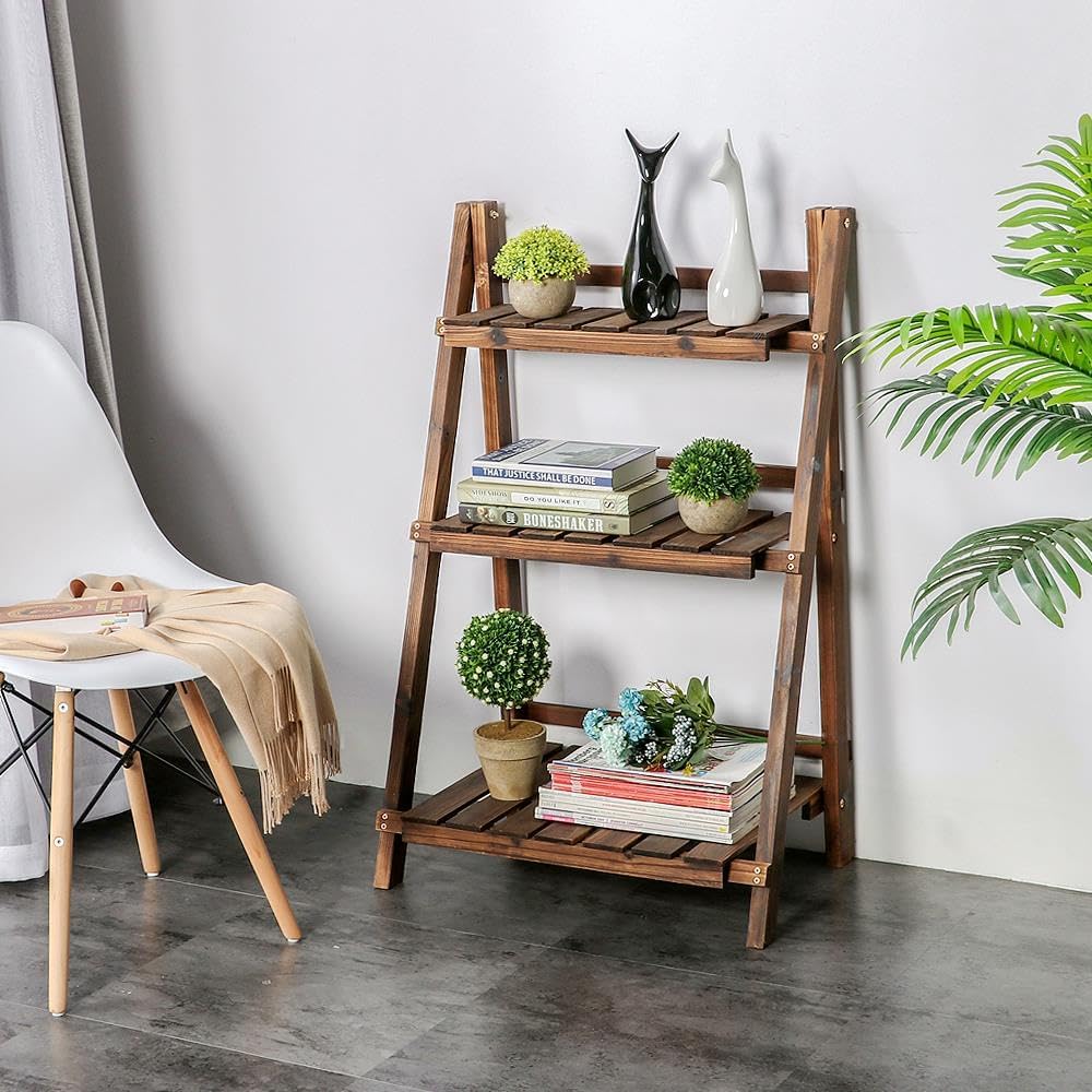 3-Tier Foldable Wood Ladder Plant Shelf