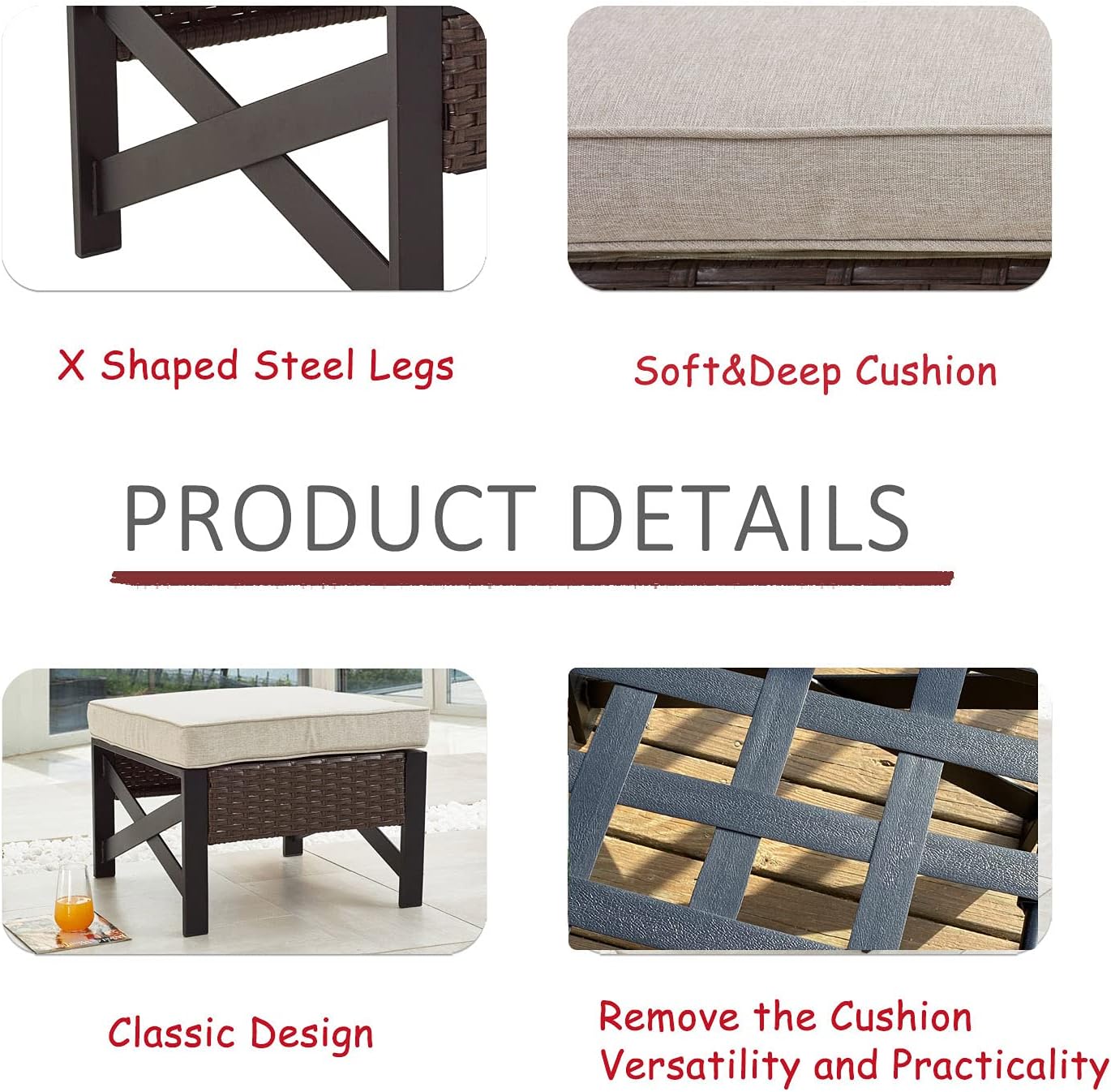 Brown Wicker X-Leg Outdoor Ottoman Footrest