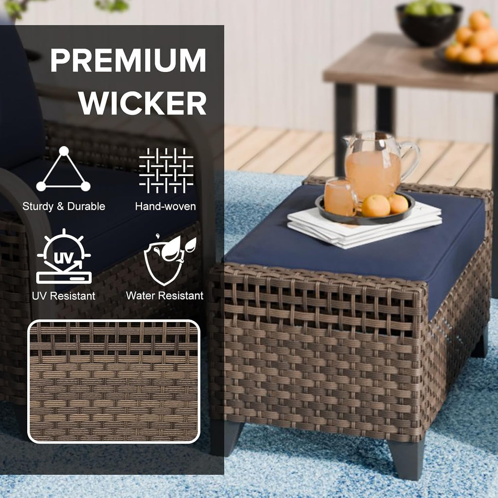 2 Pack Brown Blue Cushioned PE Wicker Patio Ottomans