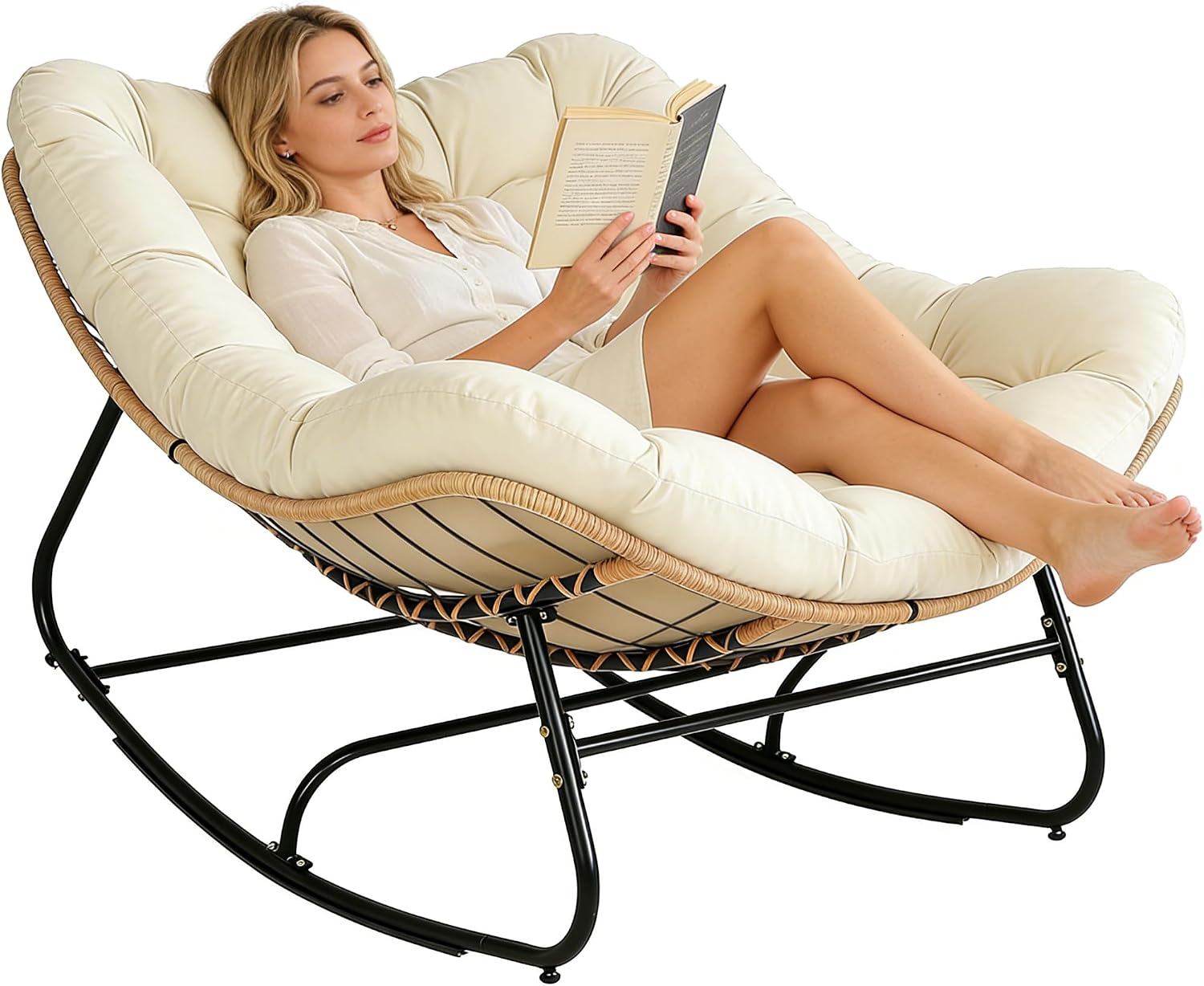 Beige Wicker Egg Rocking Chair