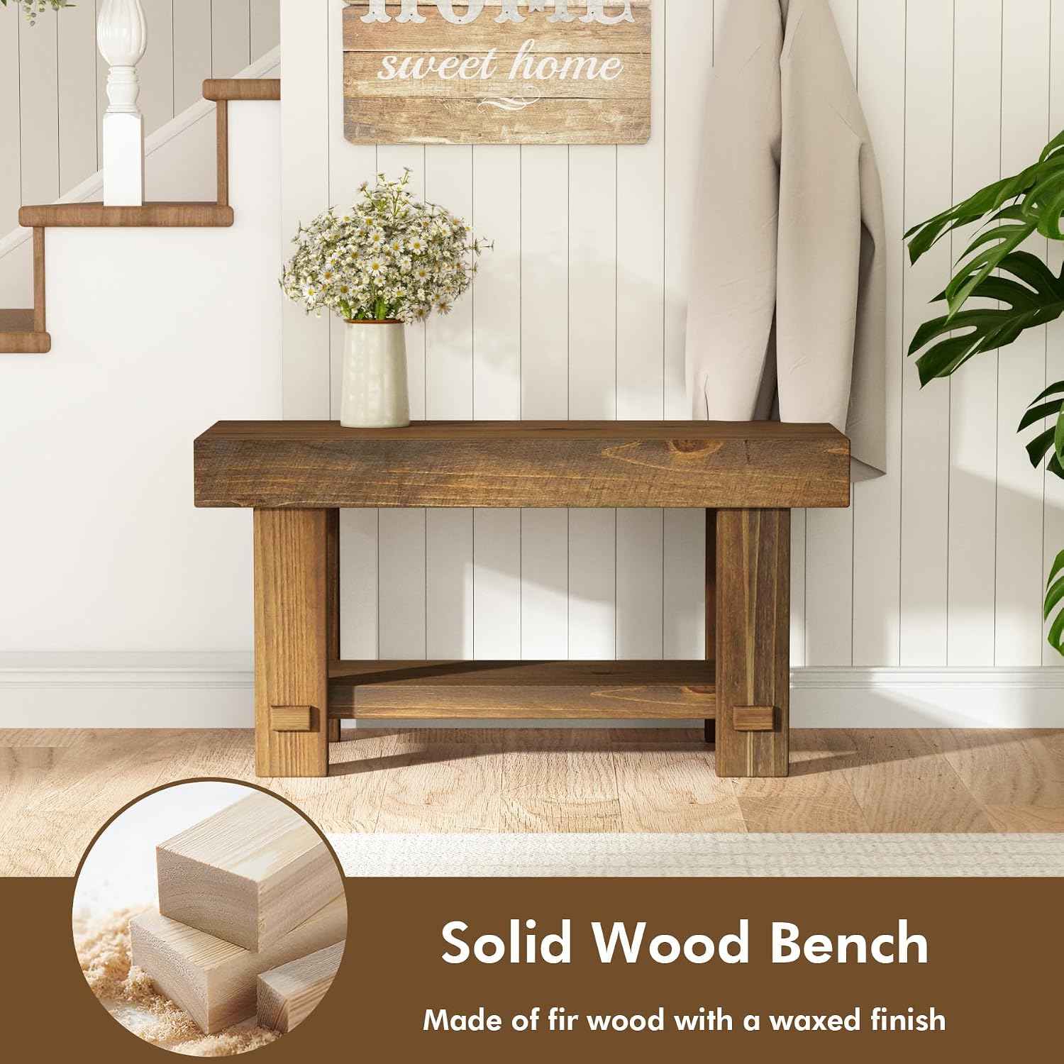 Natural Wood Storage Entryway Bench