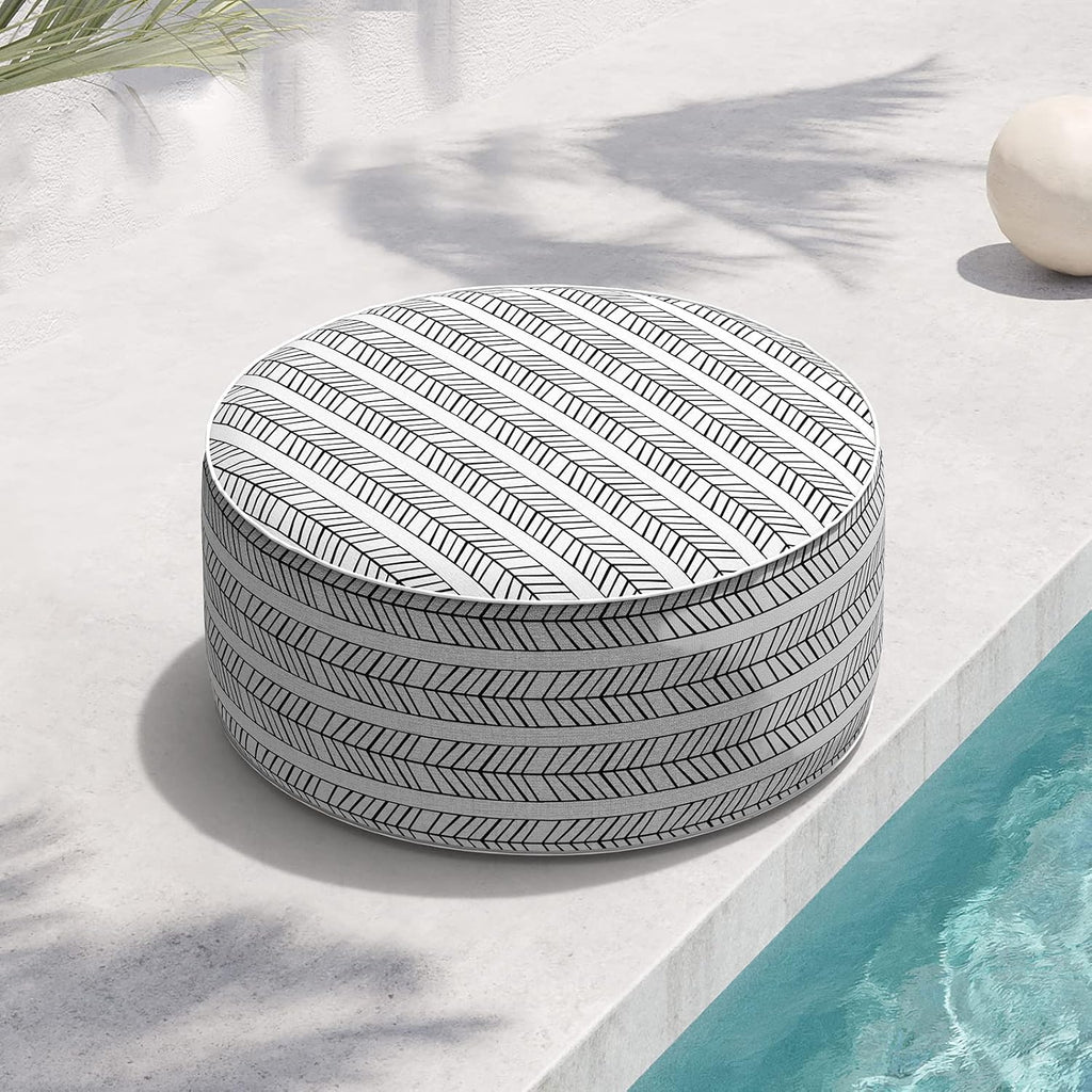 Black White Herringbone Inflatable Round Ottoman