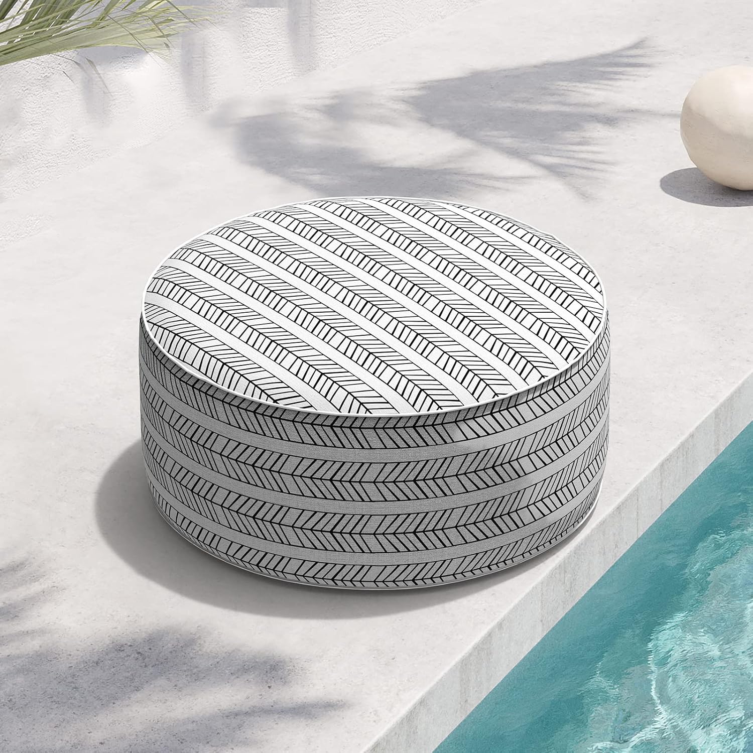 Black White Herringbone Inflatable Round Ottoman