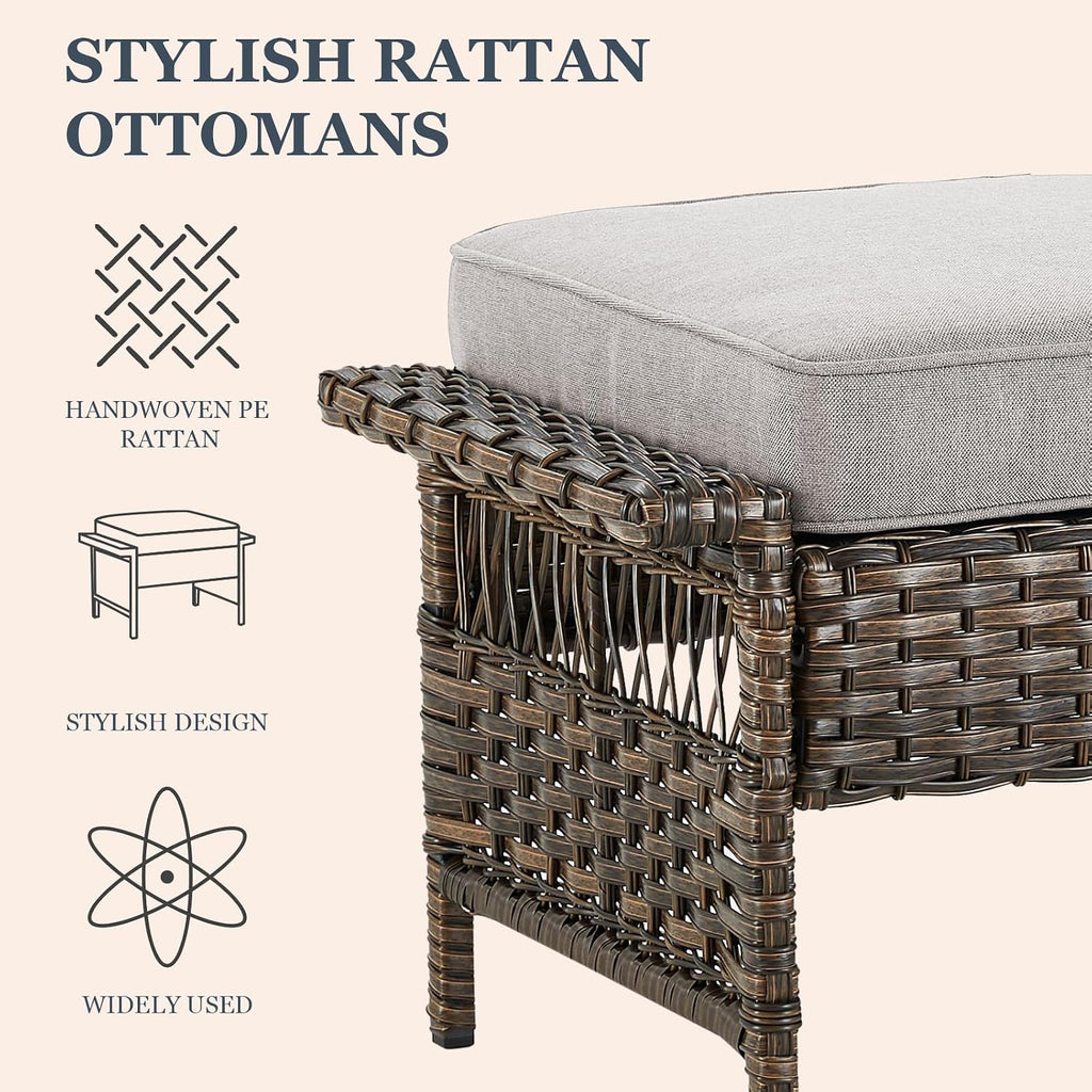 2 Pack Brown Beige PE Wicker Patio Ottoman