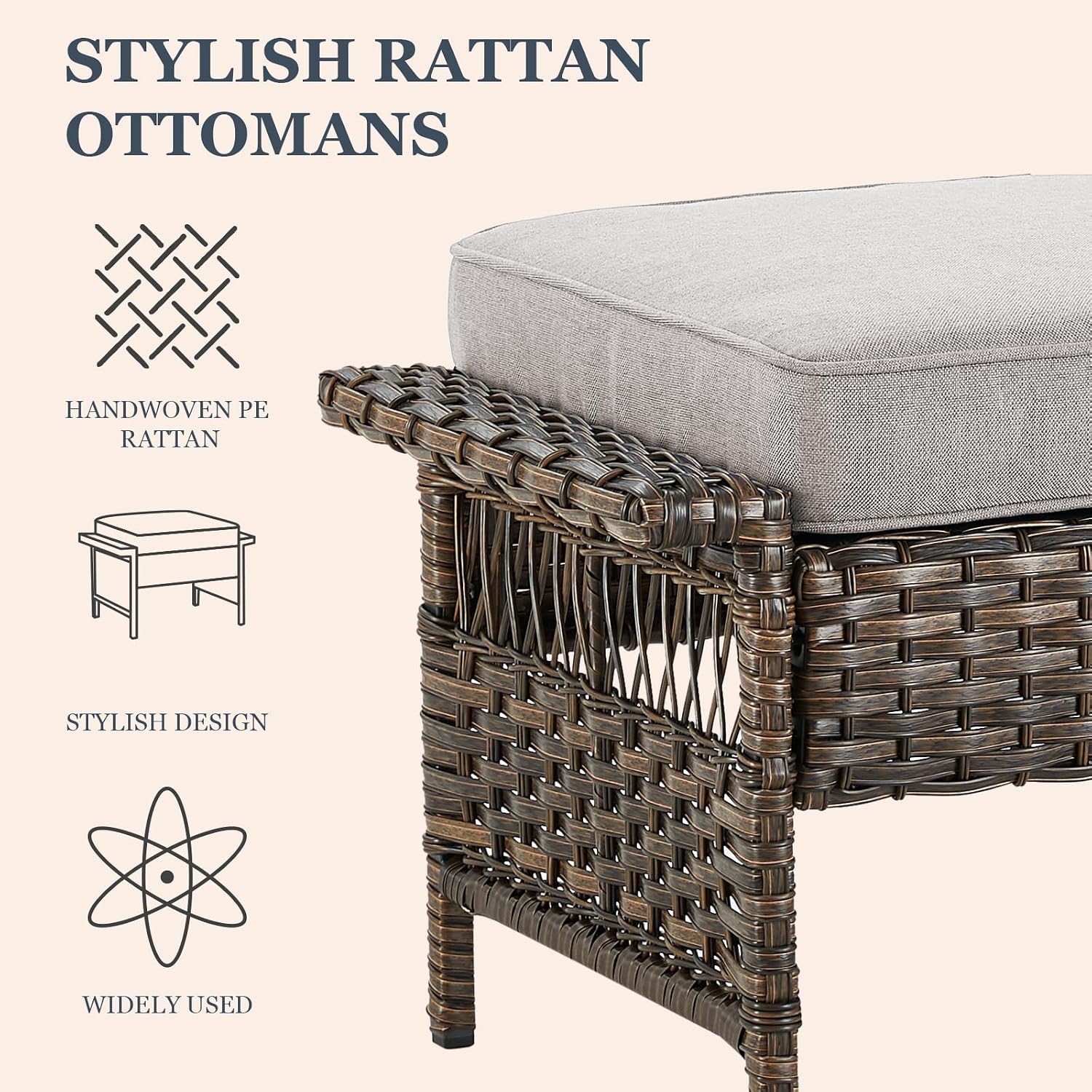 2 Pack Brown Beige PE Wicker Patio Ottoman