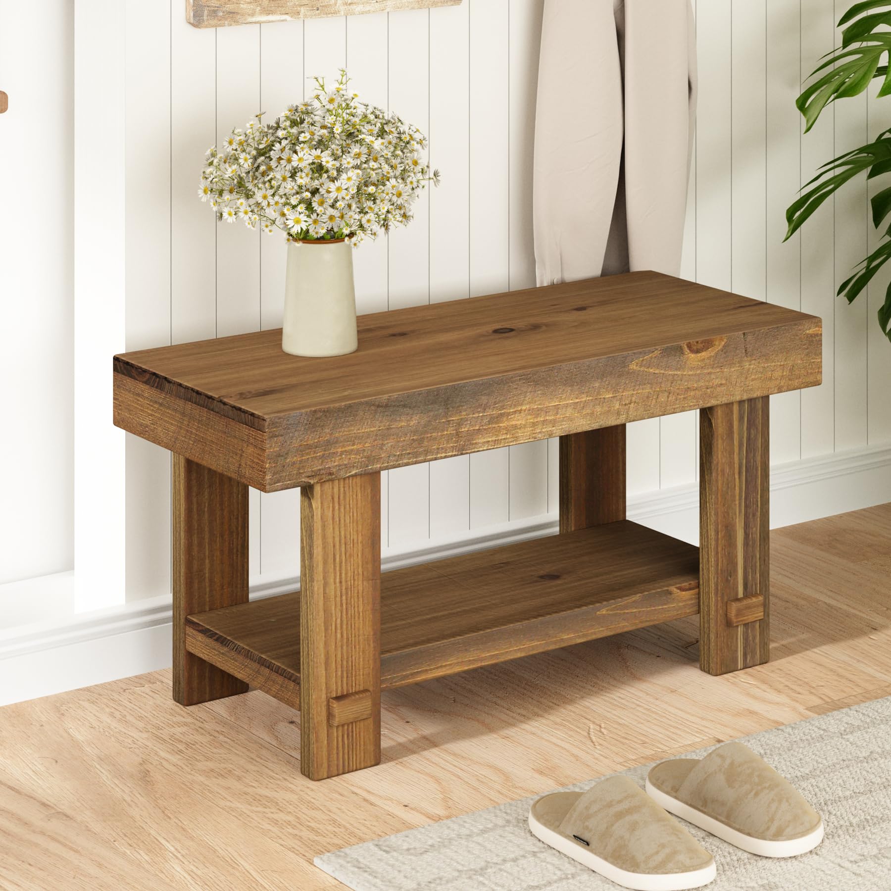 Natural Wood Storage Entryway Bench