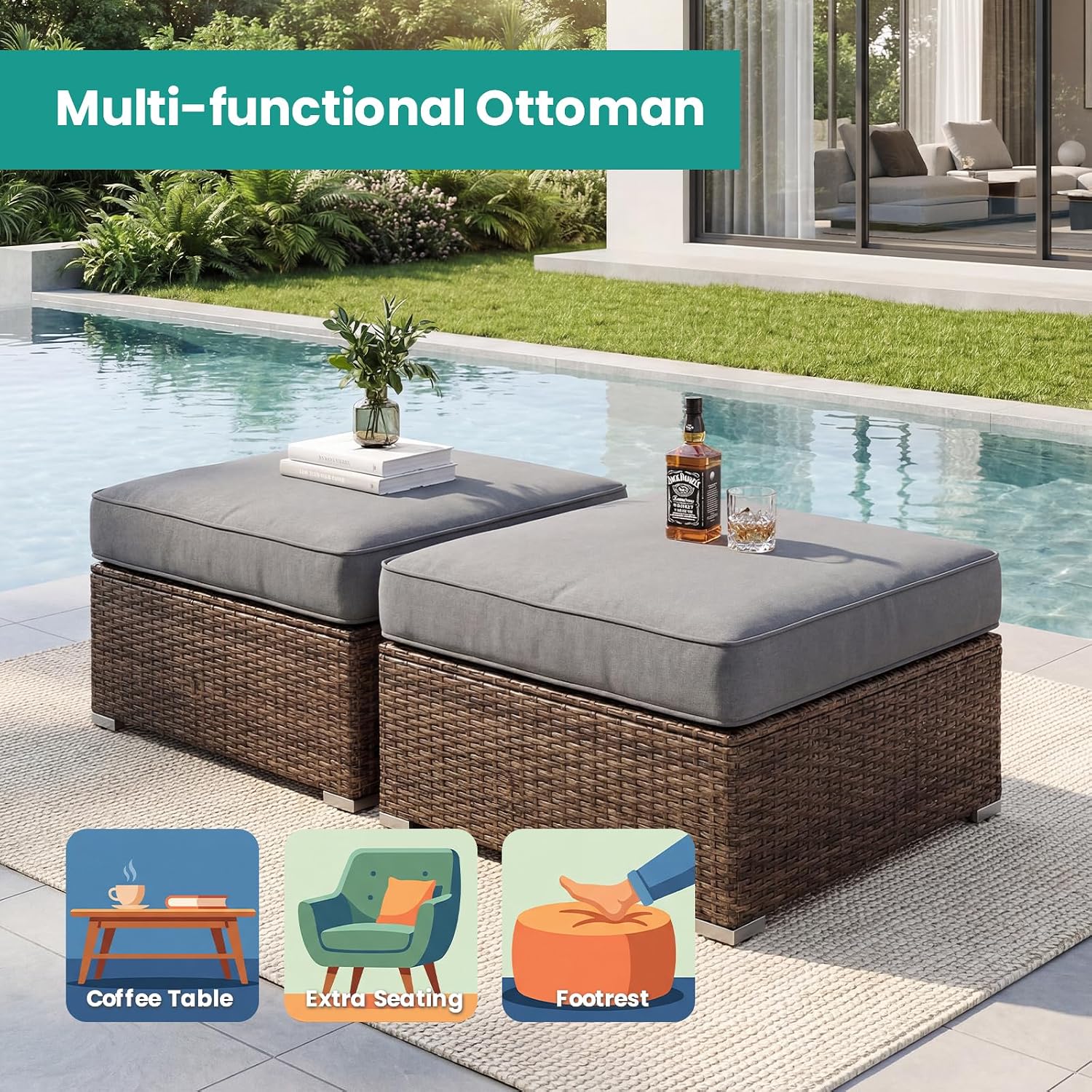 2 Pack Grey Square PE Wicker Patio Ottoman