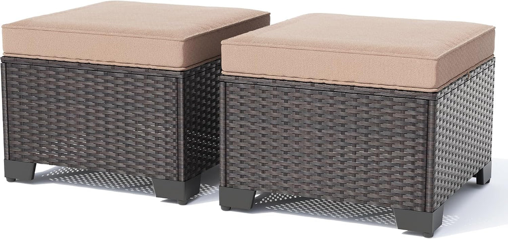 2 Pack Sand PE Wicker Patio Ottomans