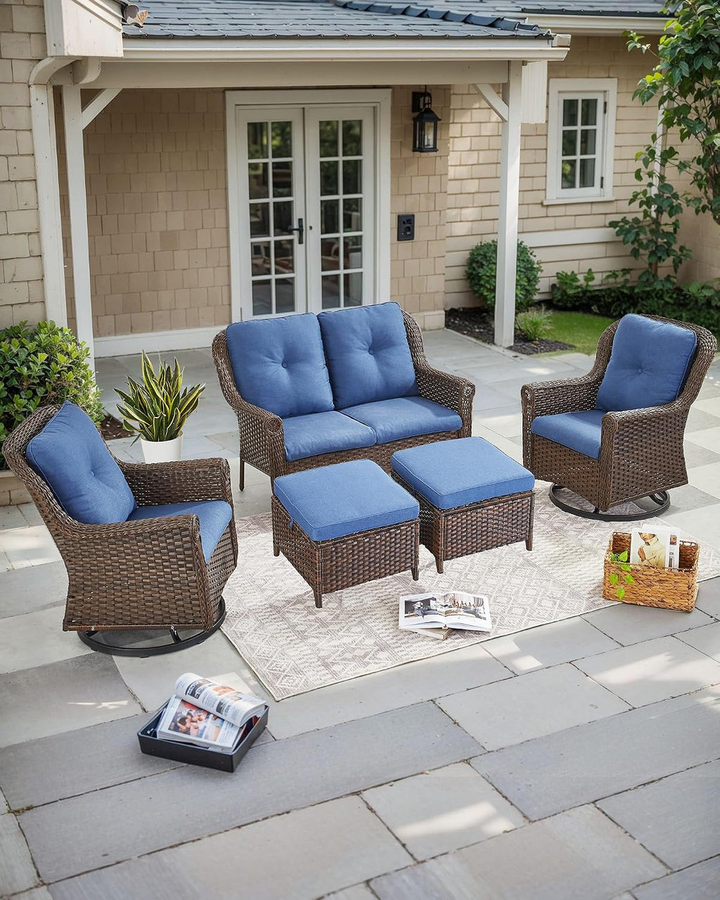 2 Pack Brown Wicker Ottoman Side Table with Navy Cushions