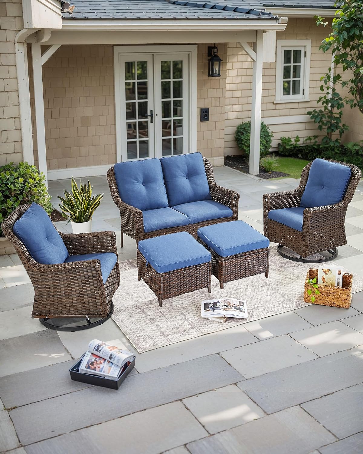 2 Pack Brown Wicker Ottoman Side Table with Navy Cushions