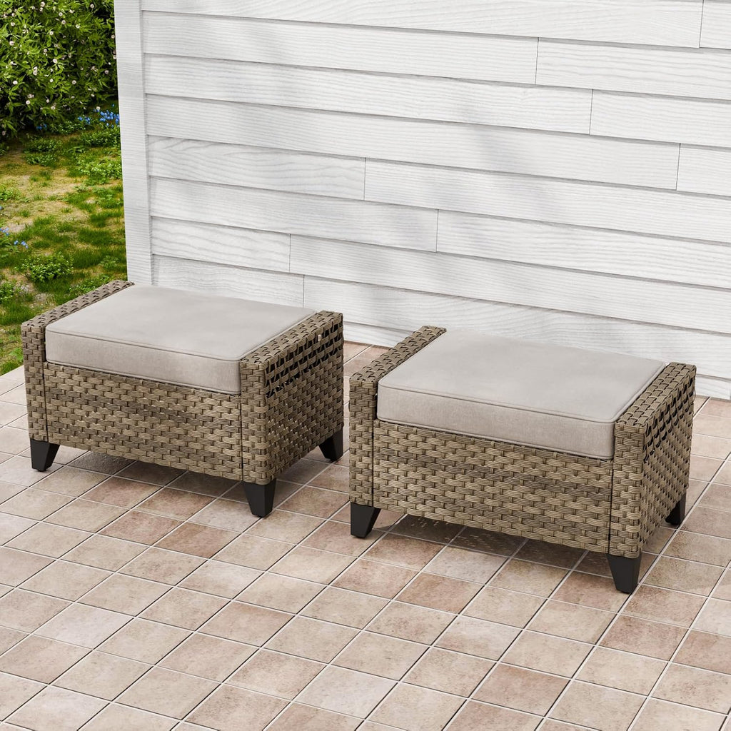 2 Pack Brown Gray PE Wicker Outdoor Ottomans