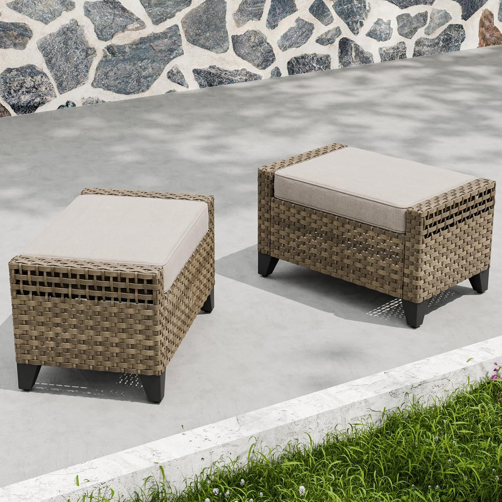2 Pack Brown Gray PE Wicker Outdoor Ottomans