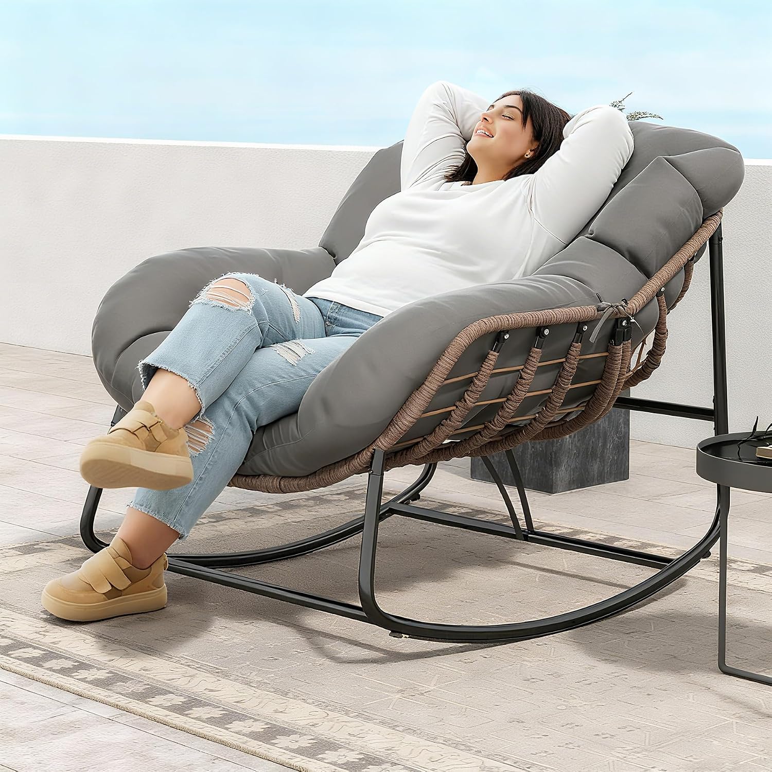Grey Wicker Egg Rocking Chair