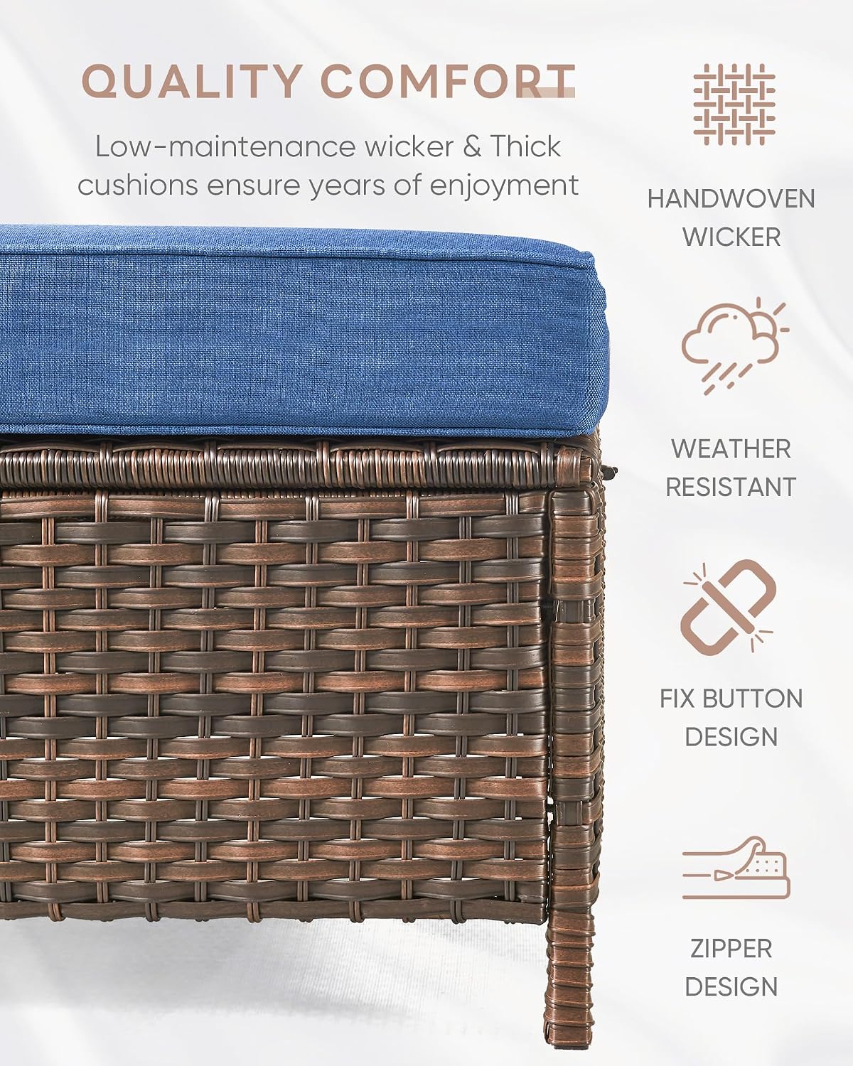 2 Pack Brown Wicker Ottoman Side Table with Navy Cushions