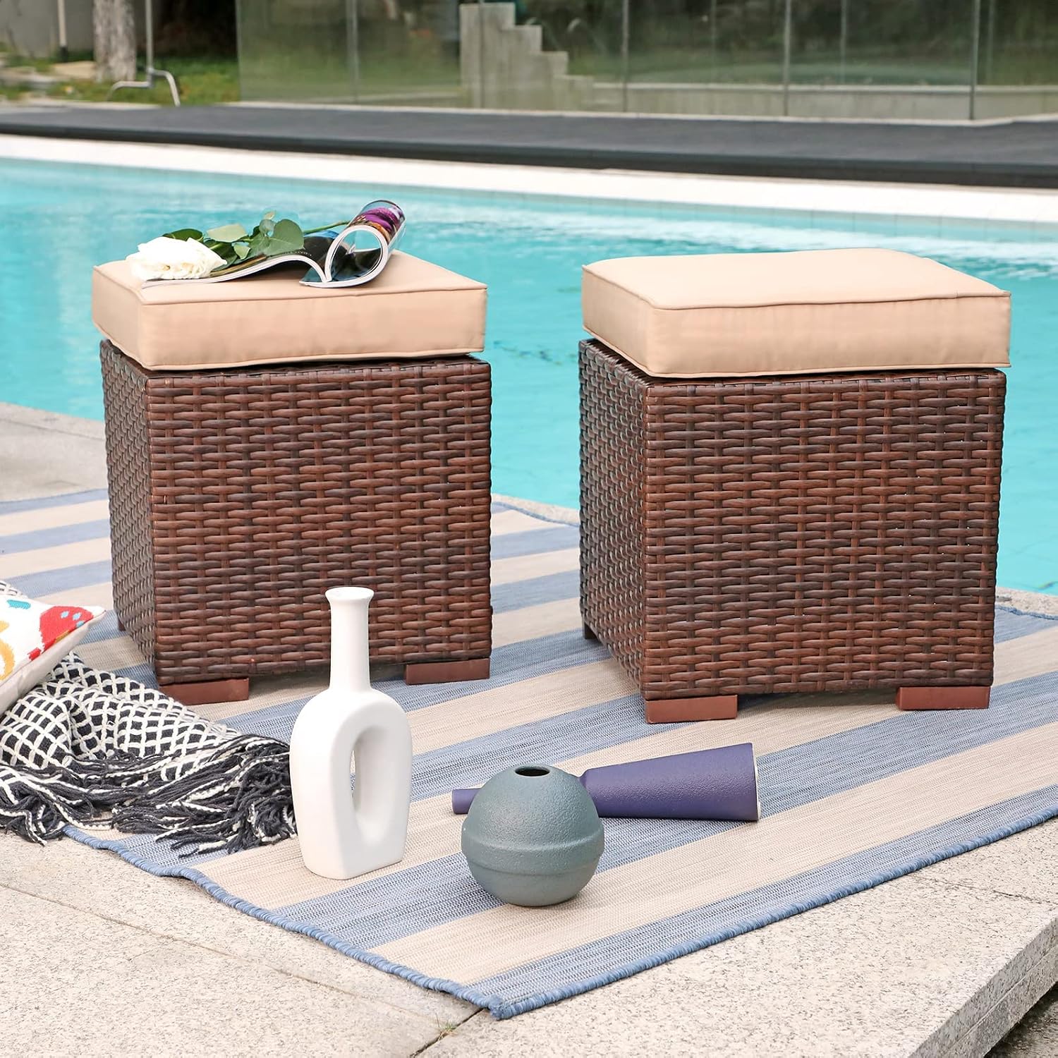 2 Pack Dark Brown Wicker Ottoman with Beige Cushions