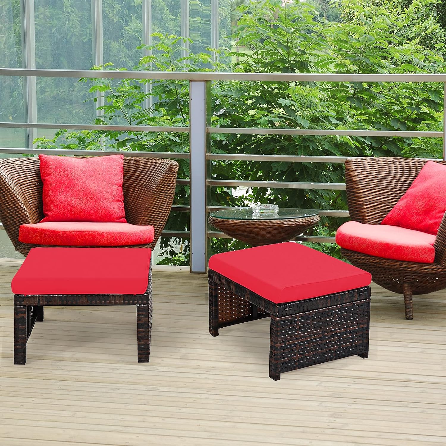 2 Pack Red PE Wicker Patio Ottoman