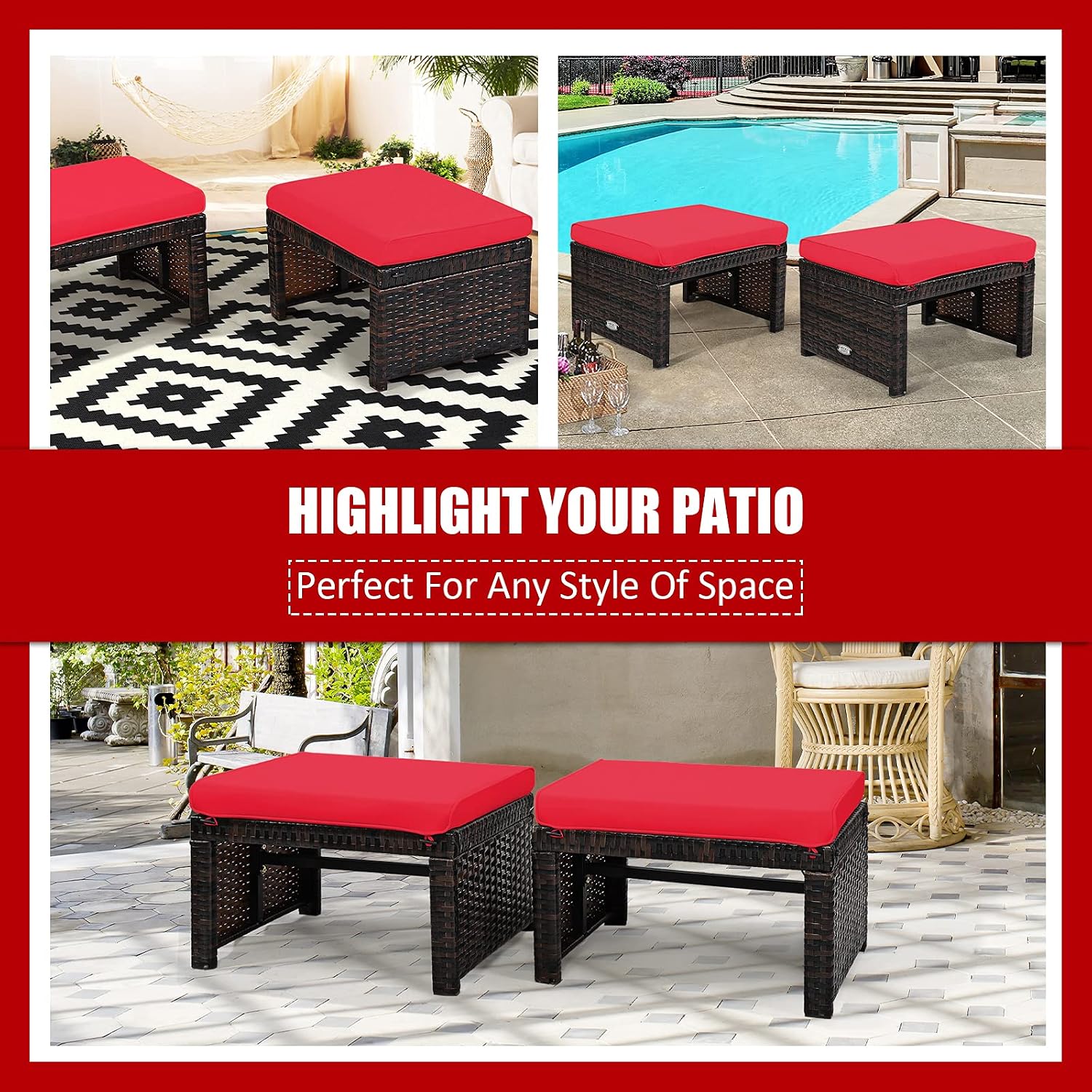 2 Pack Red PE Wicker Patio Ottoman