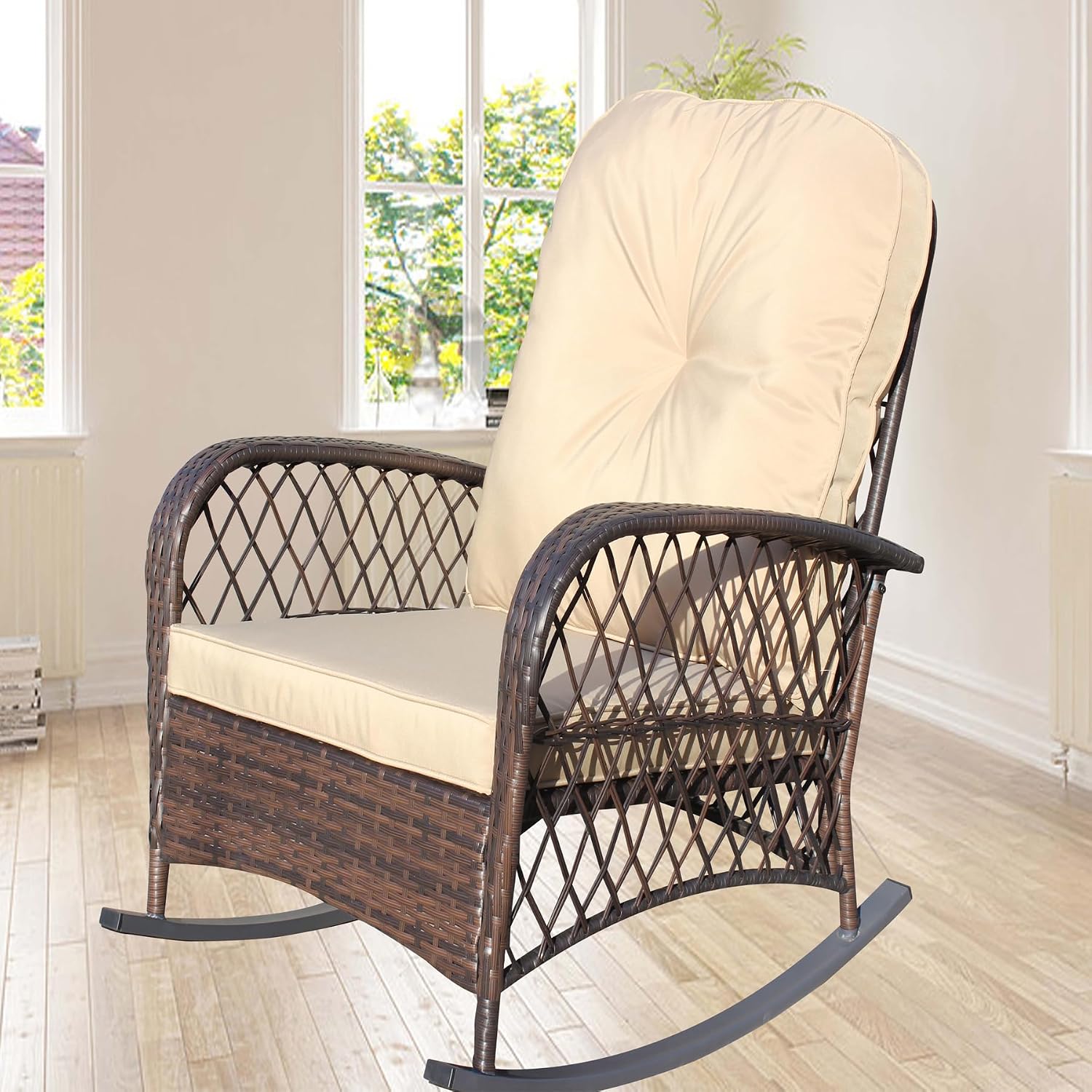 Brown Beige Wicker Rocking Chair