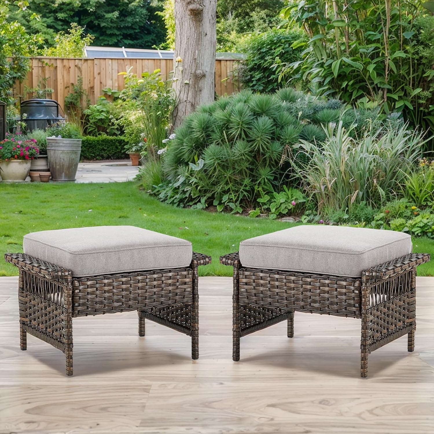 2 Pack Brown Beige PE Wicker Patio Ottoman