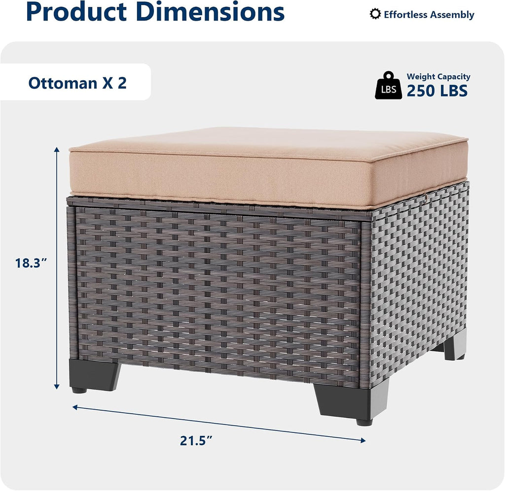 2 Pack Sand PE Wicker Patio Ottomans
