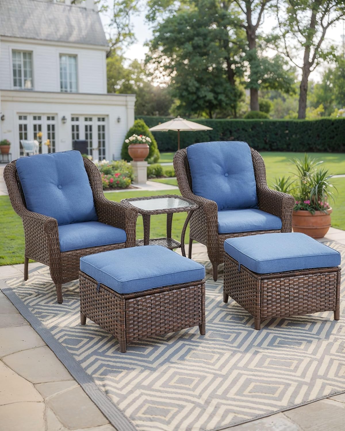 2 Pack Brown Wicker Ottoman Side Table with Navy Cushions