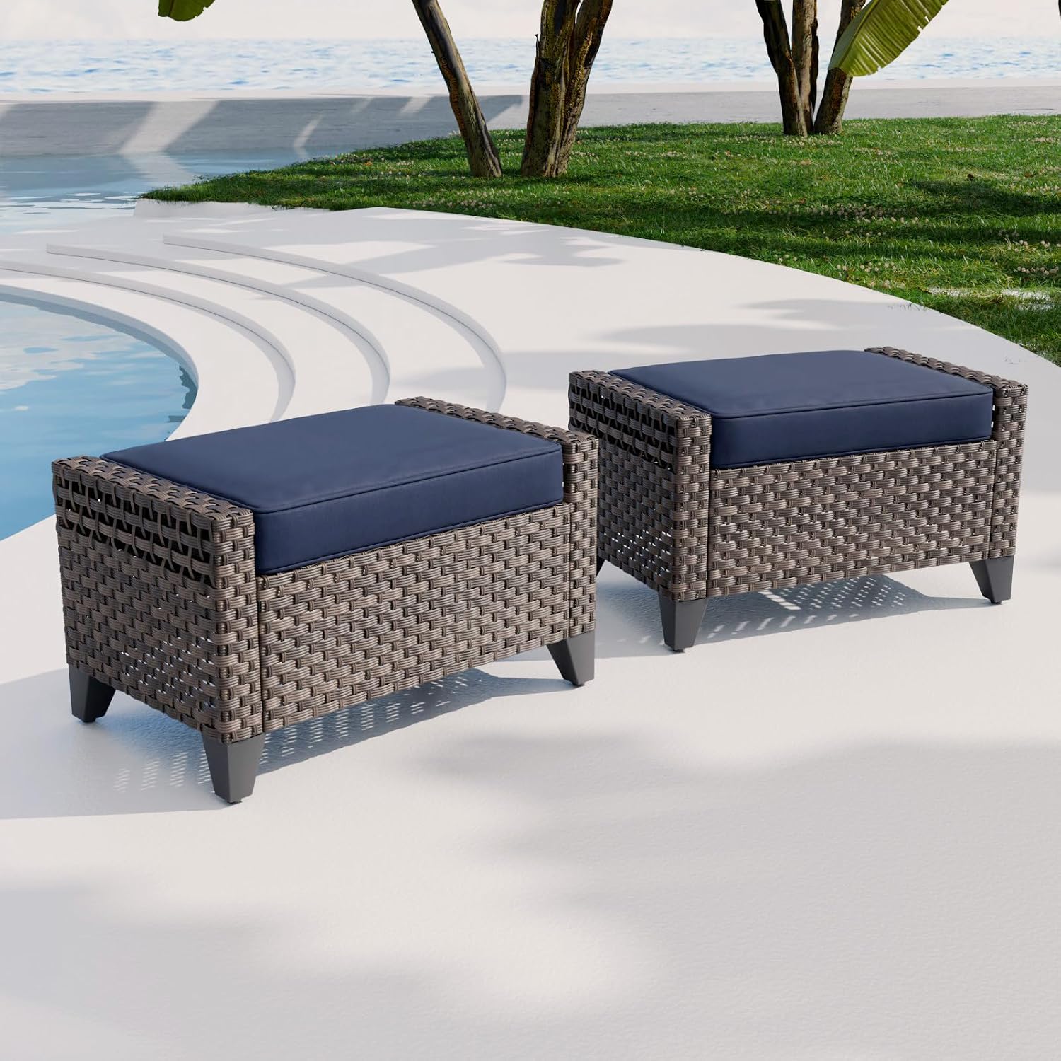 2 Pack Brown Blue Cushioned PE Wicker Patio Ottomans