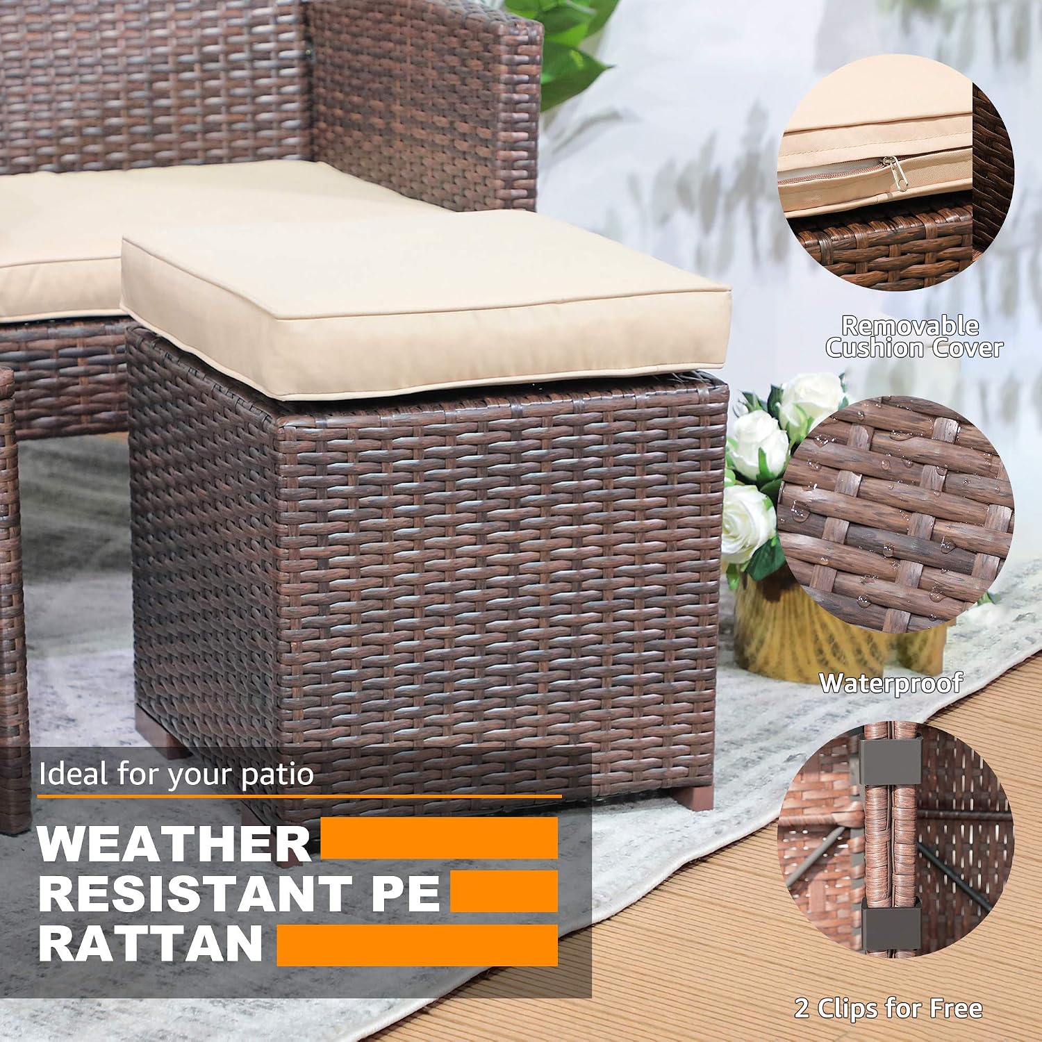 2 Pack Dark Brown Wicker Ottoman with Beige Cushions