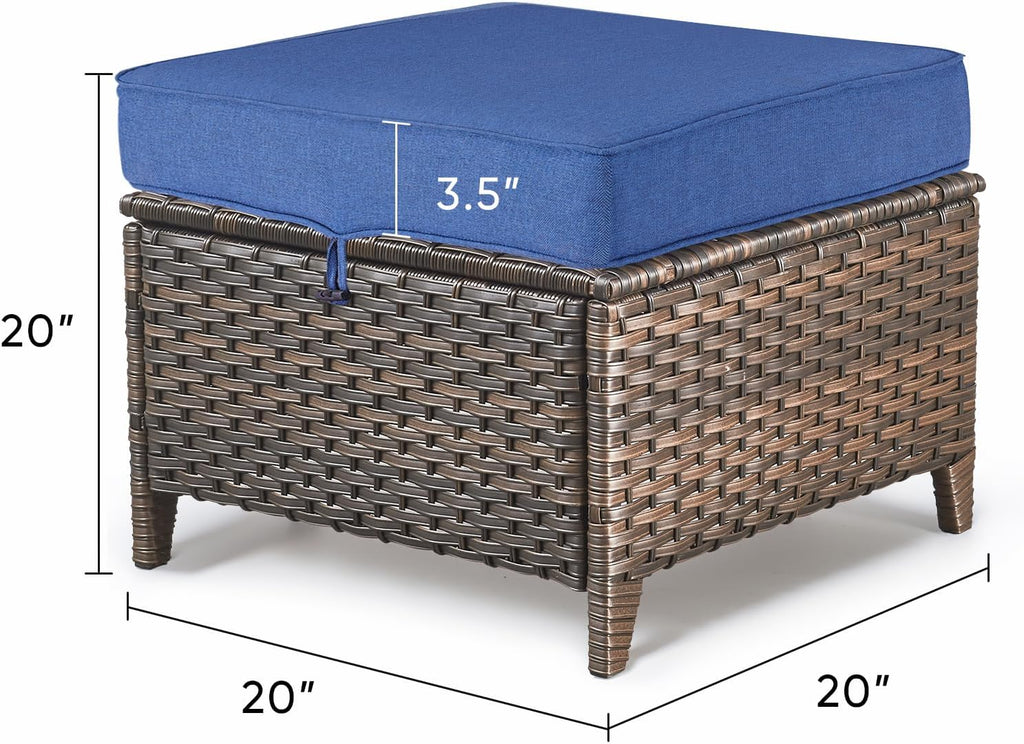 2 Pack Brown Wicker Ottoman Side Table with Navy Cushions