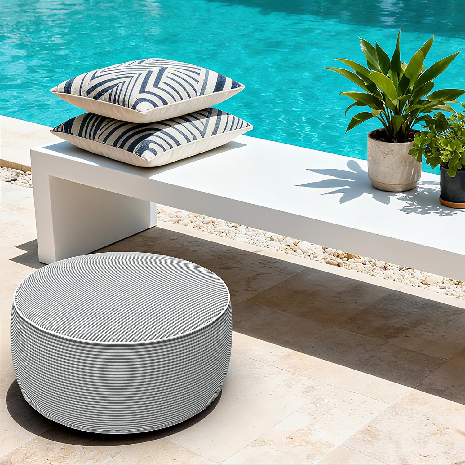 Grey Stripe Portable Inflatable Round Ottoman