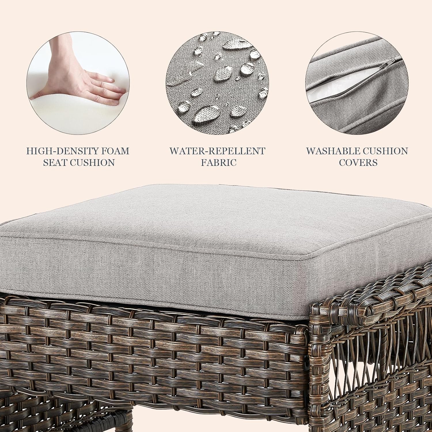2 Pack Brown Beige PE Wicker Patio Ottoman